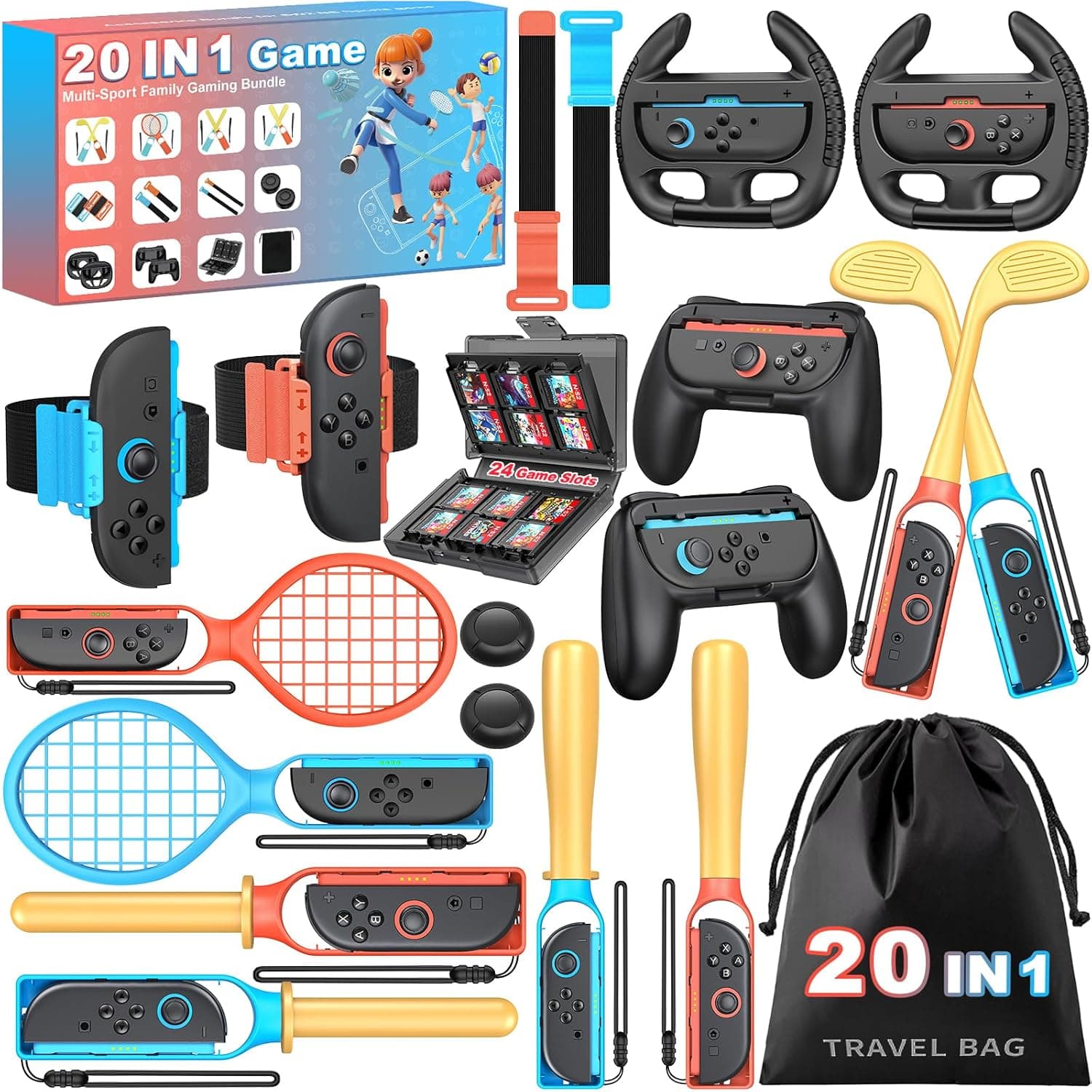 20 in 1 Switch 2 Sports Accessories,Family Sports Accessories Bundle for Nintendo Switch 2 Games Include Leg Strap,Golf Clubs,Soccer Volleyball Straps,Tennis Rackets,Sword Grips,Joy-con wrist straps