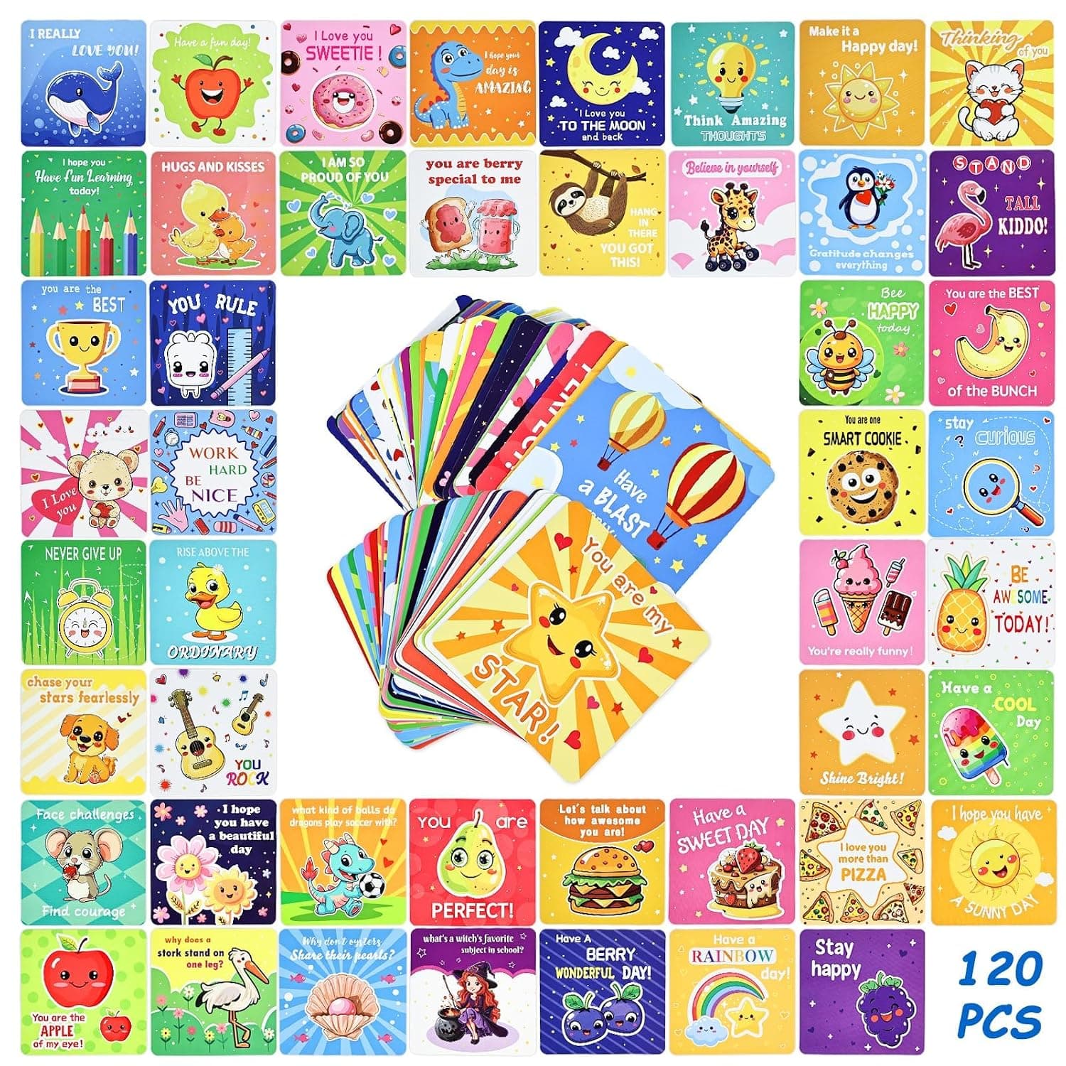 ALMEKAQUZ 120 Pcs Lunch Box Notes Jokes for Kids, Lunch Box for Kids Card Messages, Inspiring Words and Cute Designs, Children's Back to School Supplies, Lunchbox Notes for Kid