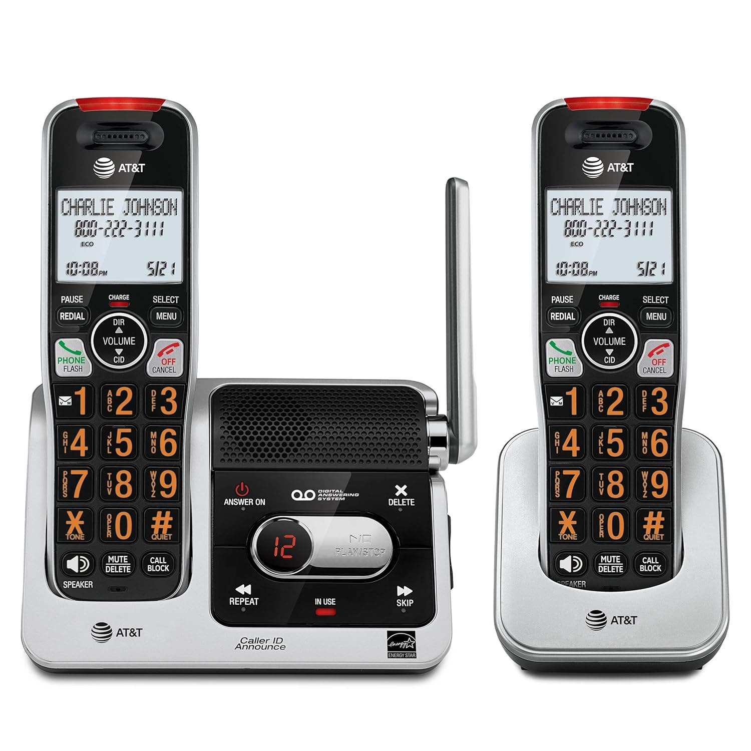 اي تي اند تي هاتف لاسلكي BL102-2 DECT 6.0 بجهازين للمنزل مع جهاز الرد على المكالمات وحجب المكالمات ومذيعي هوية المتصل ومساعد صوتي ونظام اتصال داخلي ونطاق غير مسبوق، فضي/اسود