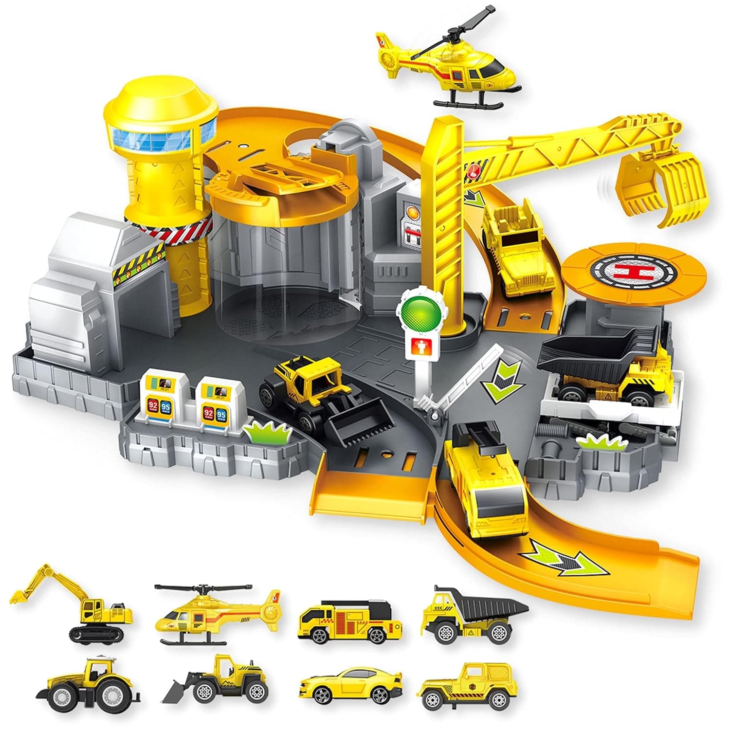 Fitto Construction Site Playset with Slides, Lift, Service Station, and Excavator, Dump Truck, Bulldozer, and More Construction Vehicles