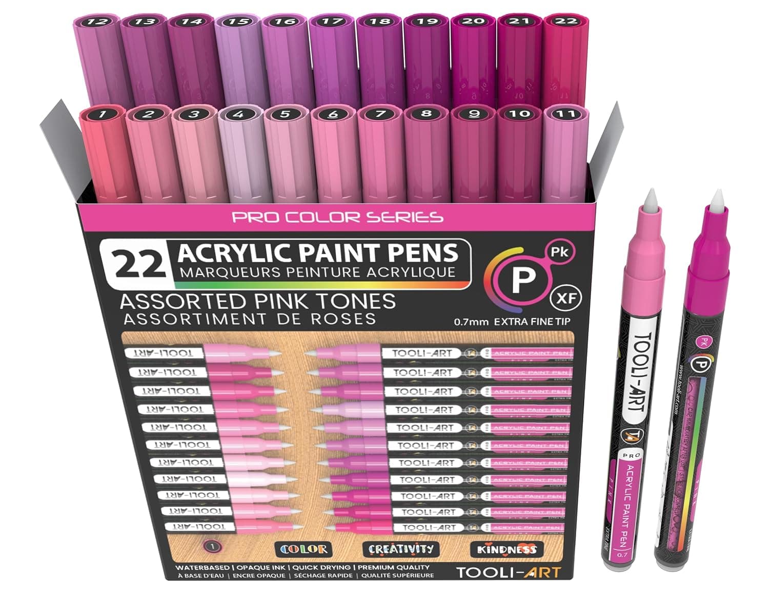 TOOLI-ART Acrylic Paint Pens 22 Assorted Pink Pro Color Series Markers Set 0.7mm Extra Fine Tip for Rock Painting, Glass, Mugs, Wood, Metal, Canvas, DIY, Outlining. Non Toxic, Waterbased, Quick Drying