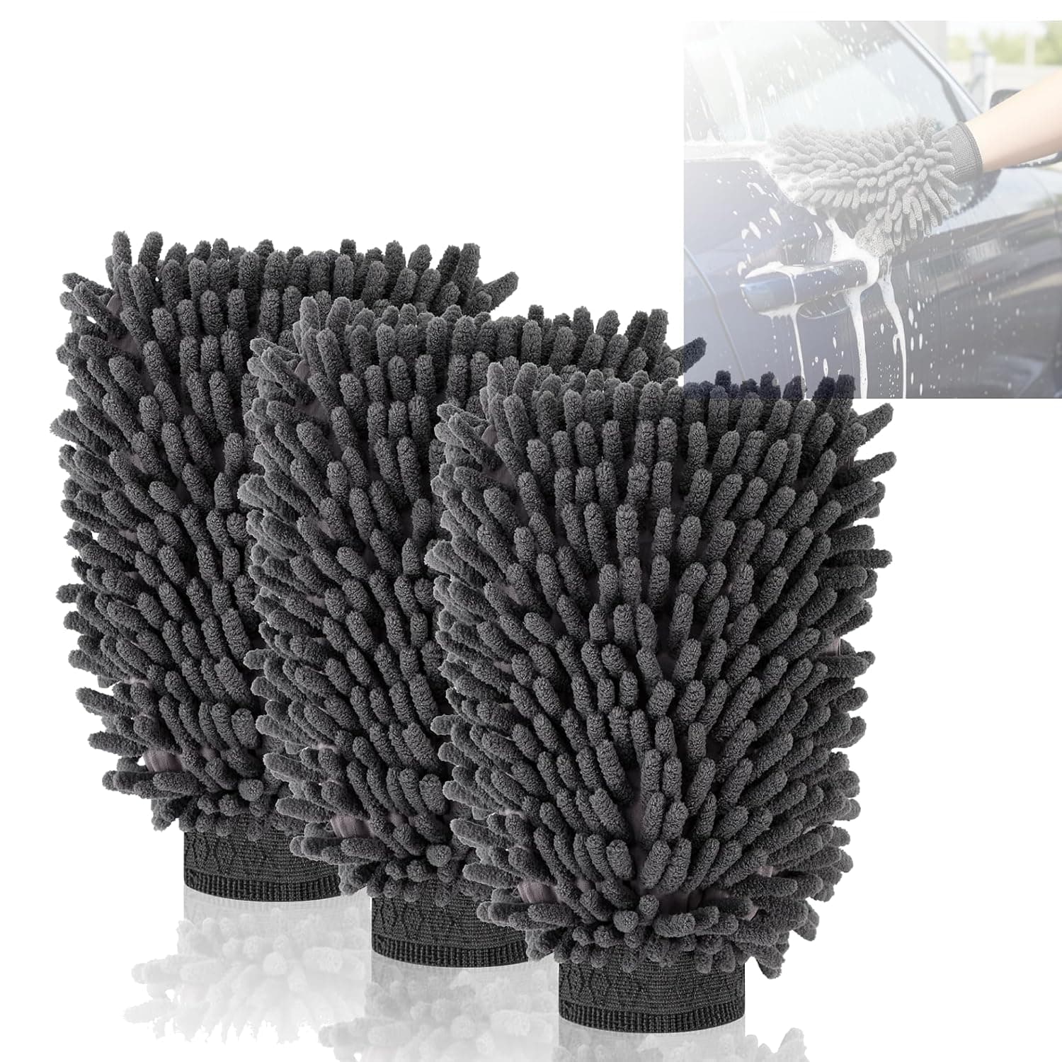 SYOSI Car Wash Mitts 3 Pack, Chenille Microfiber for Scratch-Free Auto Detailing & Home Cleaning, Highly Absorbent Double-Sided Lint-Free Cleaning Mitts (Grey)