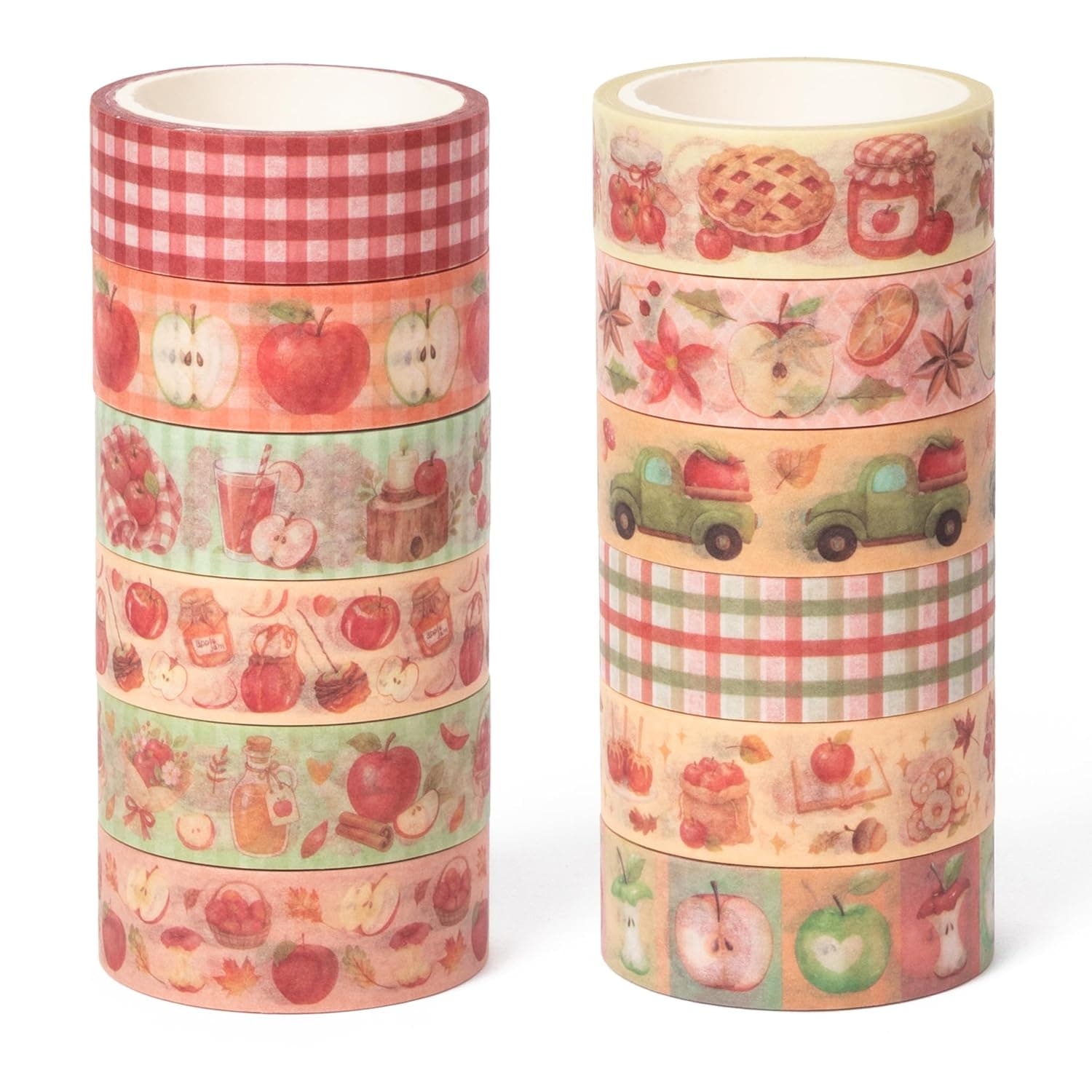 12 Rolls Autumn Thanksgiving Apple Washi Tape for Gift Wrapping | Easy to Tear by Hand No Scissor Needed Non-toxic Safety for Autumn Journal Baking Tags Thanksgiving Cards DIY Craft