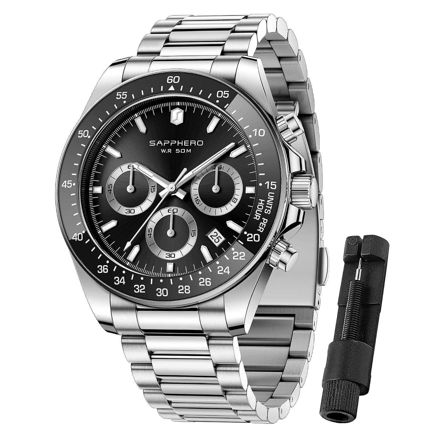 SAPPHERO Mens Watches Stainless Steel Analog Quartz Chronograph Watches for Men 50M Waterproof Men's Wrist Watches with Date Luxury Business Casual Elegant Gifts