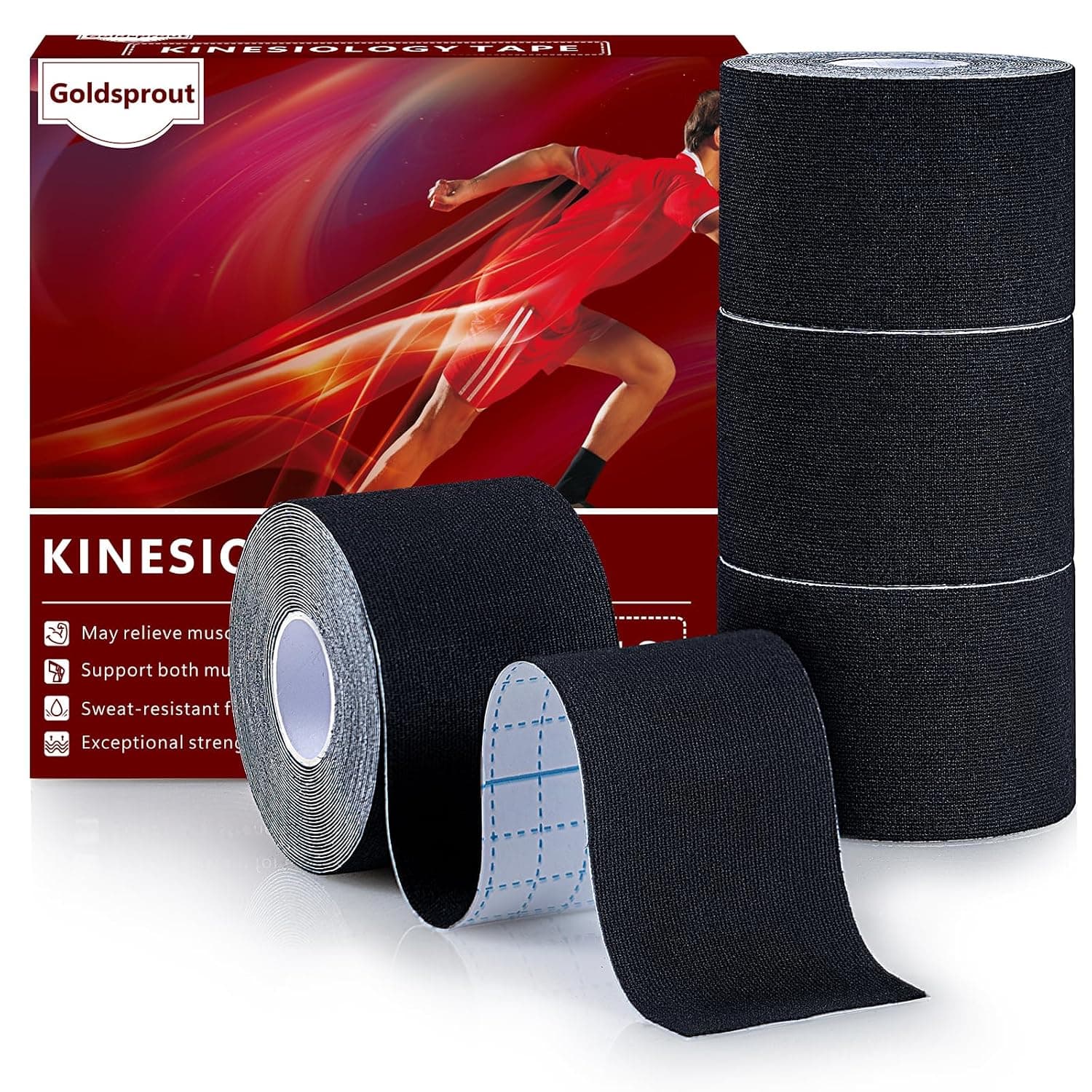 Kinesiology Tape (4 Rolls Pack) Waterproof Sports Tape for Pain Relief, Elastic and Orthopedic Support Tapes for Ankles, Wrists and Knees, 2" Wide X 16.4