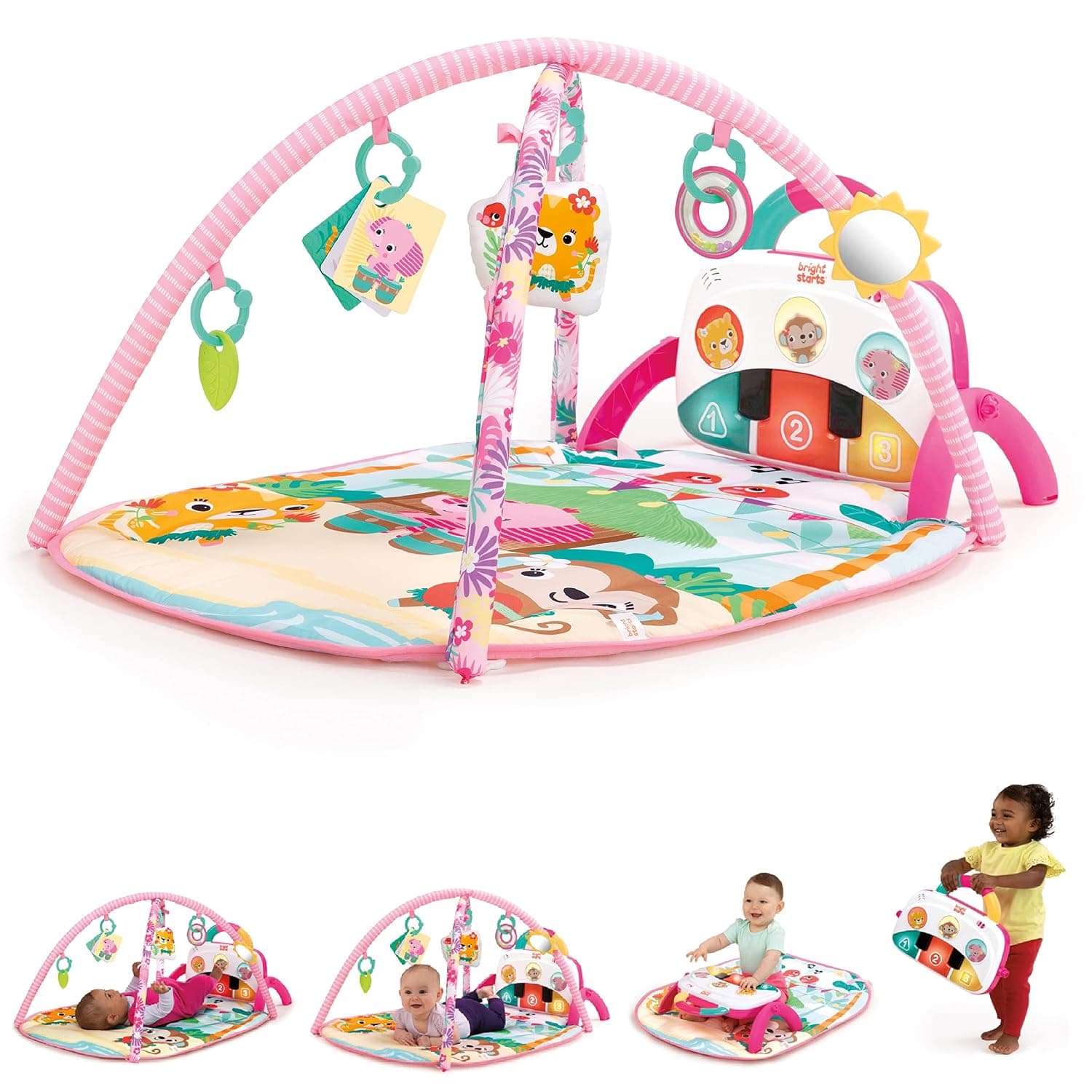 Bright Starts, 4-in-1 Groovin’ Kicks Piano and Drum Activity Gym Play Mat, Floral Fiesta, with 2 Toy Bars, Newborn+