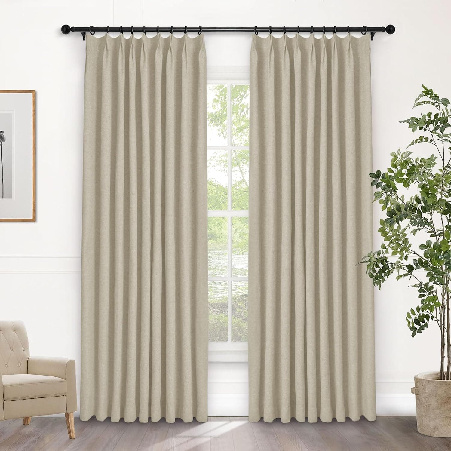 MacoChico 100% Blackout Linen Curtains 84" Thermal Drapes for Bedroom & Living Room Beige Farmhouse Tieback Drapery 52" W x 84" L Pinch Pleated Nursery Essential