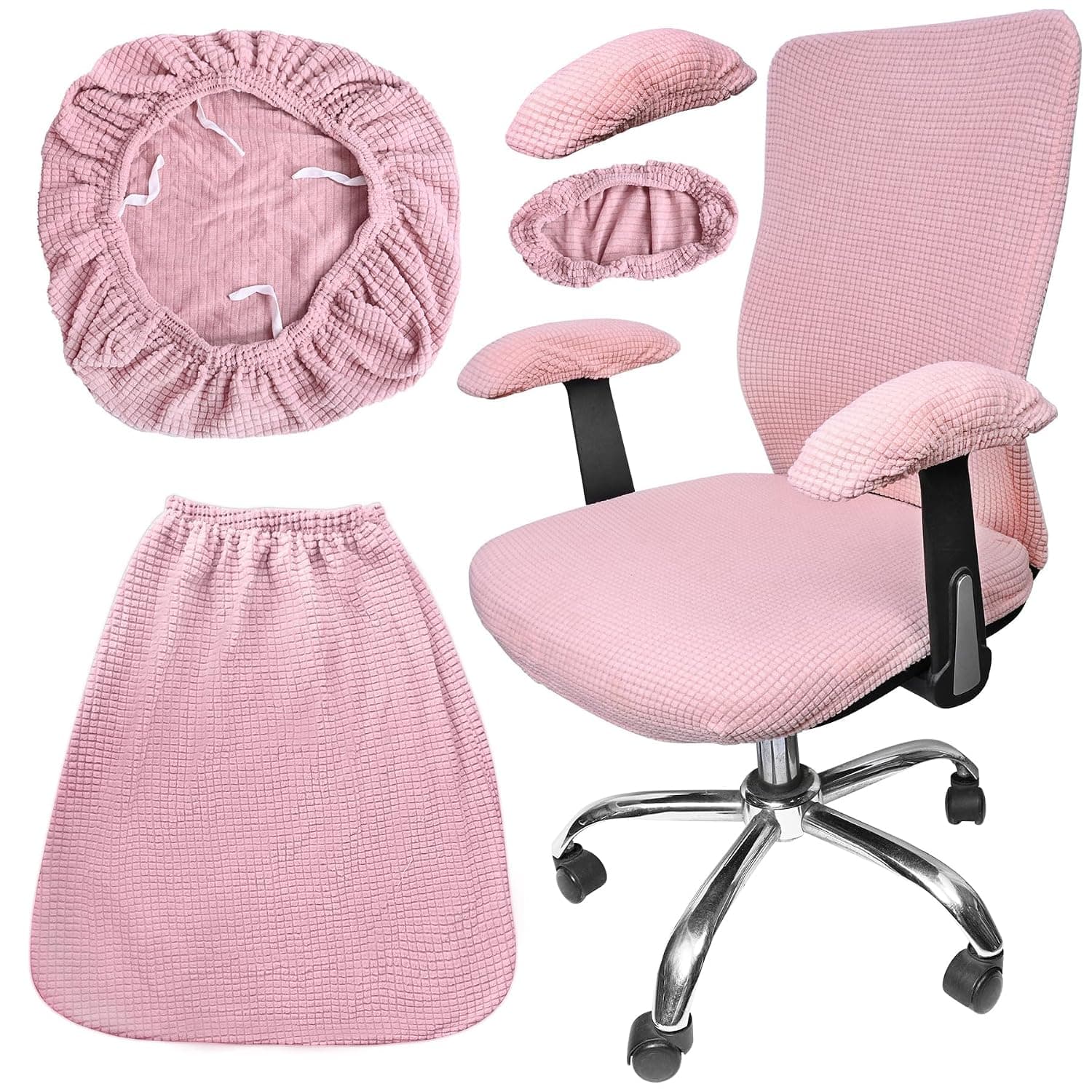 4 Pcs Office Chair Covers Set – Universal Elastic Stretchy Protective Slipcovers for Desk Chair, Seat Cushion, Armrest and Backrest Covers, Dustproof, Washable, Fit Swivel (Pale Pink)