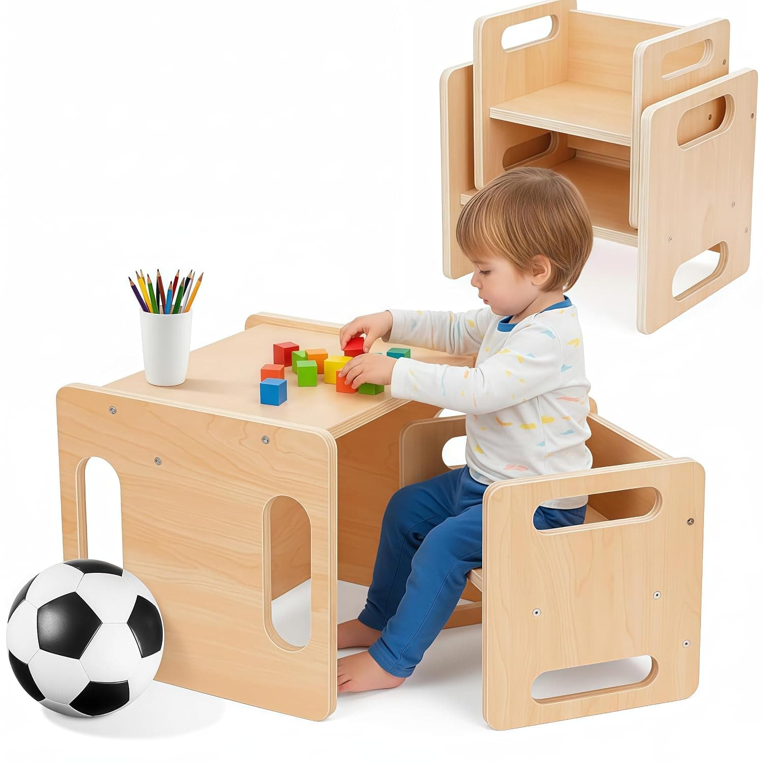 Kids Table and Chair Set, Montessori Weaning for Toddler, Wooden Toddler Tables and Chairs Set, Natural Solid Wooden Activity Table Cube Chair for Drawing Reading (Geometry)