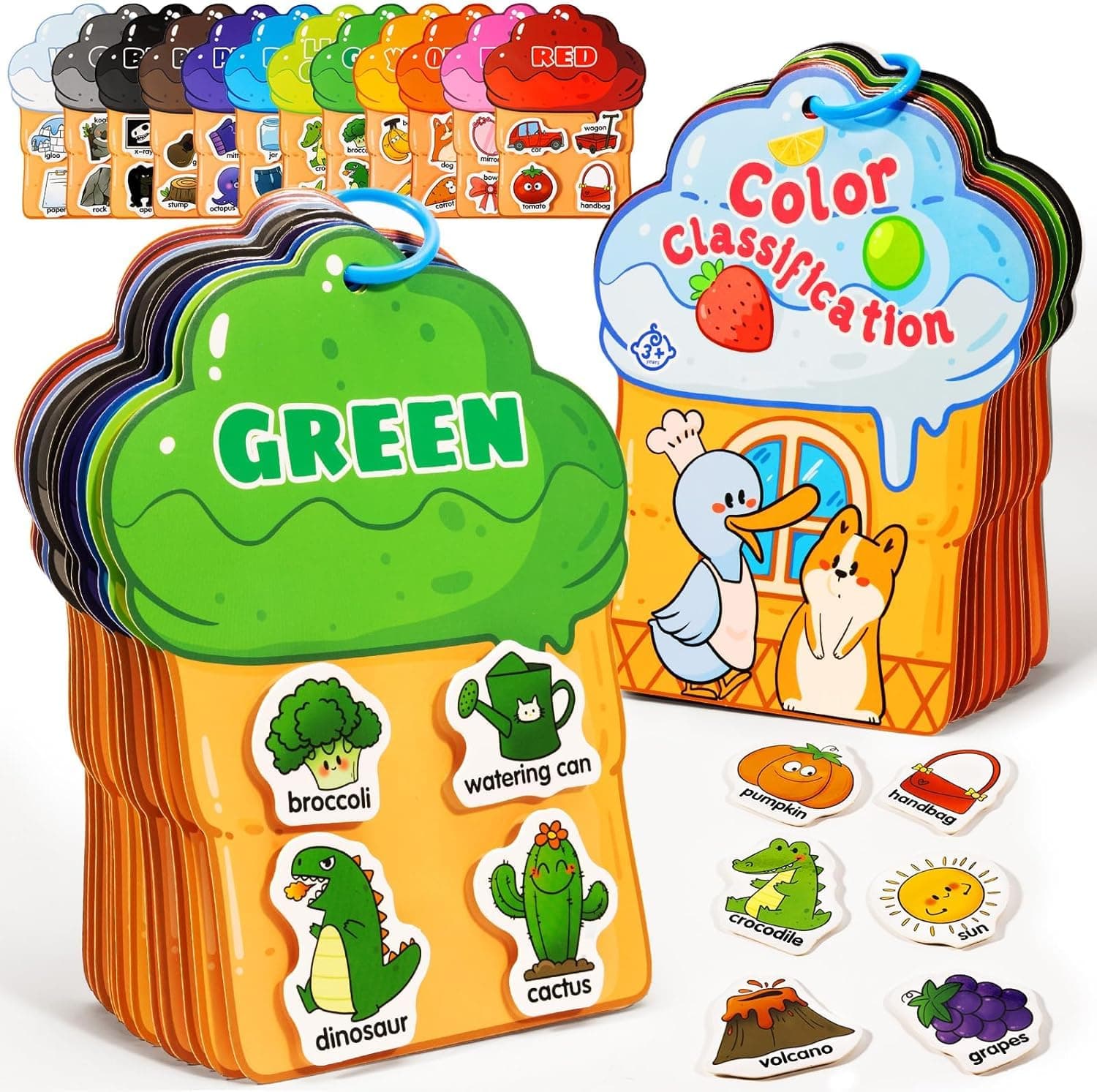 Montessori Busy Book, Color Sorting Toys for Toddlers 2-4, 12 Color Themes Educational Preschool Learning Activities Toys Book with 48 Cartoon Sticker, Sensory Matching Games for Kids