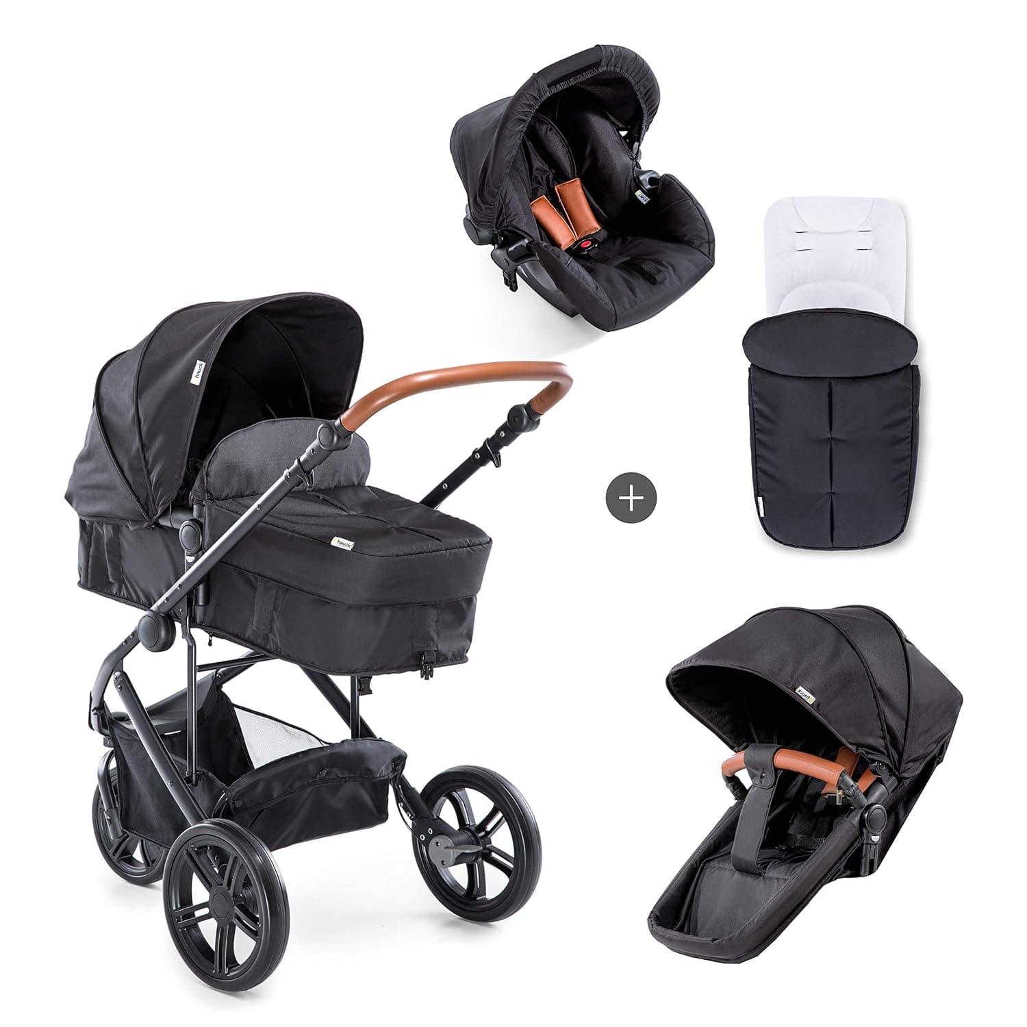 Hauck Pushchair Travel System Pacific 3 Shop N Drive / 3 Wheeler/Pram Convertible to Reversible Seat/Infant Car Seat/Footmuff/Height Adjustable/Lightweight/Large Wheels/Black