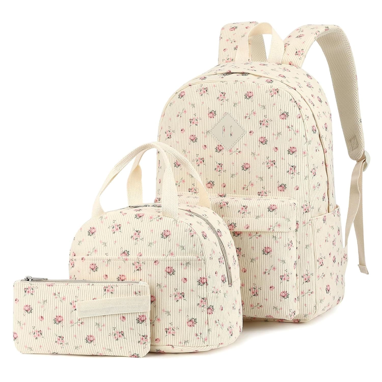 Corduroy Girls Backpack Set, 3PCS School Backpacks for Kids Elementary Middle School Bags with Lunch Box Pencil Case, Beige Corduroy Flowers Pink, Large, Corduroy