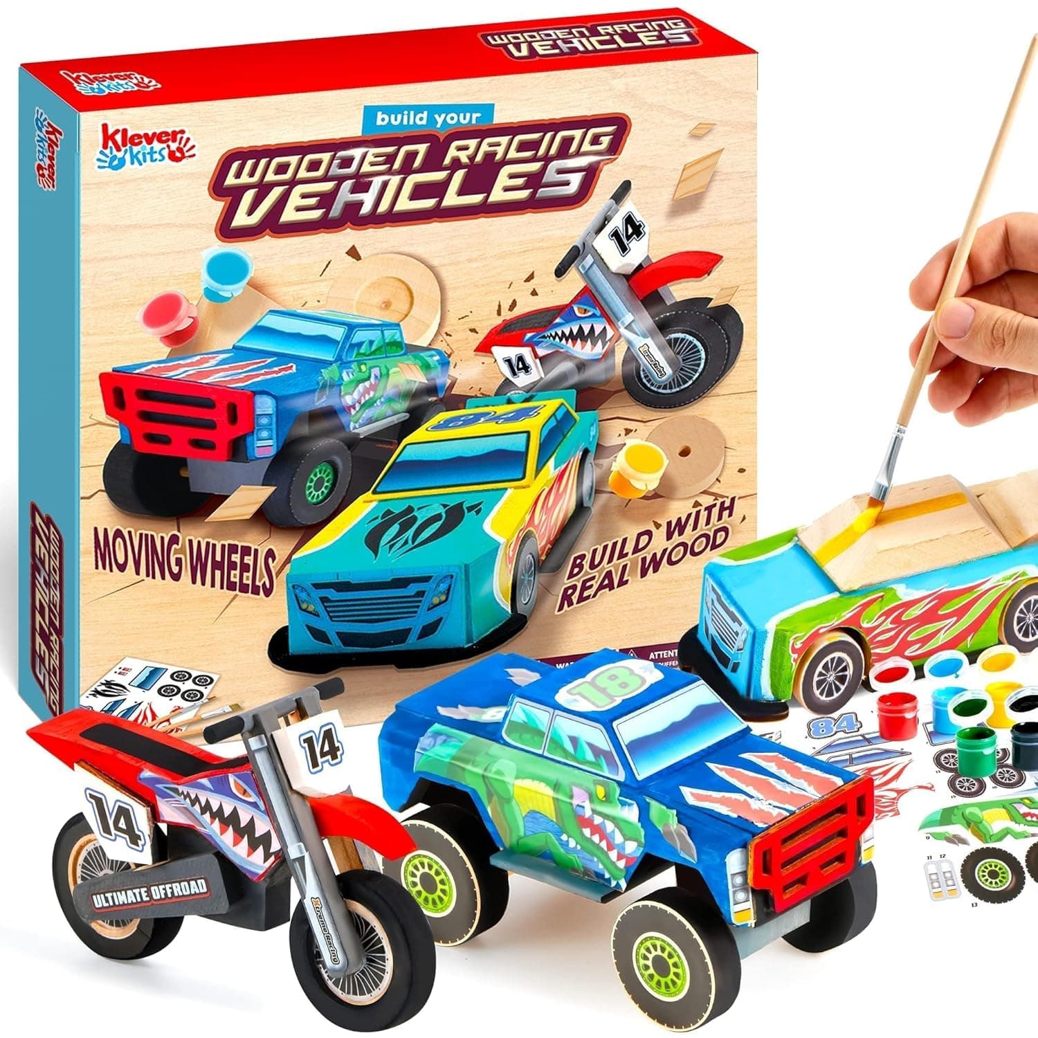 Klever Kits Build & Paint Your Own Wooden Race Car,Arts and Crafts Kit for Kids, DIY Make Your Own Car Paint 3 Race Cars,Easy To Assemble,boy Girls Birthday Gift