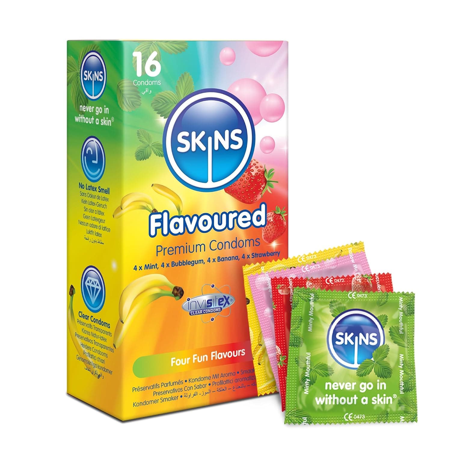 Skins Condoms Flavours 16 Pack (4 Banana, 4 Mint, 4 Strawber