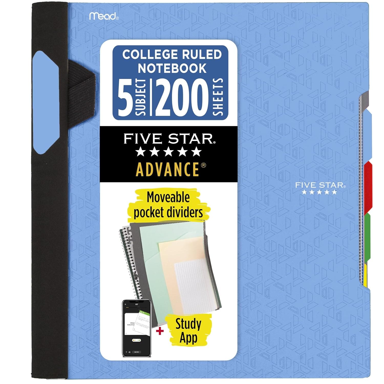 FIVE STAR Advance Spiral Notebook + Study App, 5 Subject, College Ruled Paper, 27.9 cm x 21.6 cm, 200 Sheets, With Spiral Guard and Movable Dividers, Pacific Blue, 1 Count (73150)