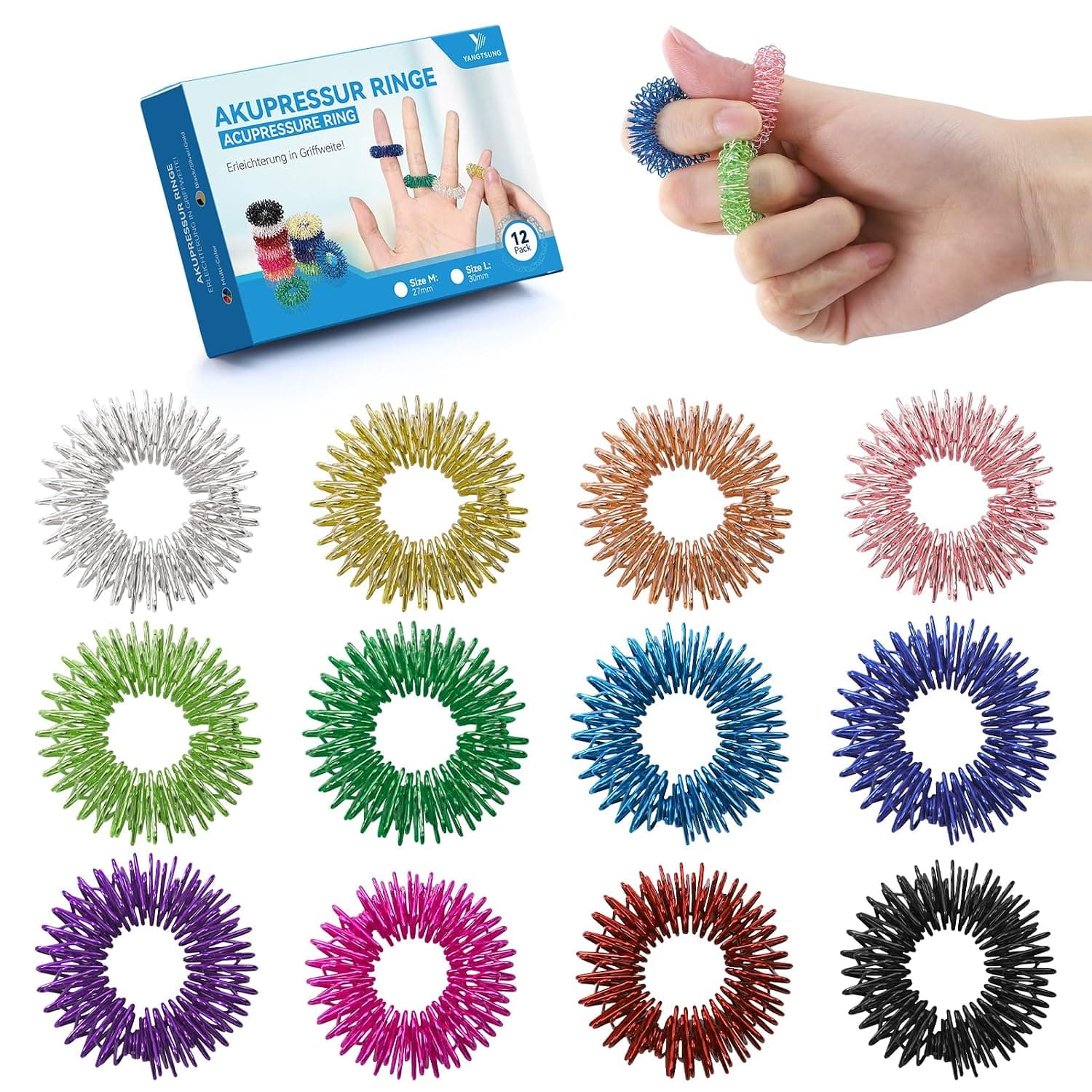 Acupressure Ring, Pack of 12 Acupressure Rings Set for Stress Relief, Relaxation and Promote Blood Circulation, 27 mm, Massage Finger, Acupressure Ring for Adults and Children (Colour)