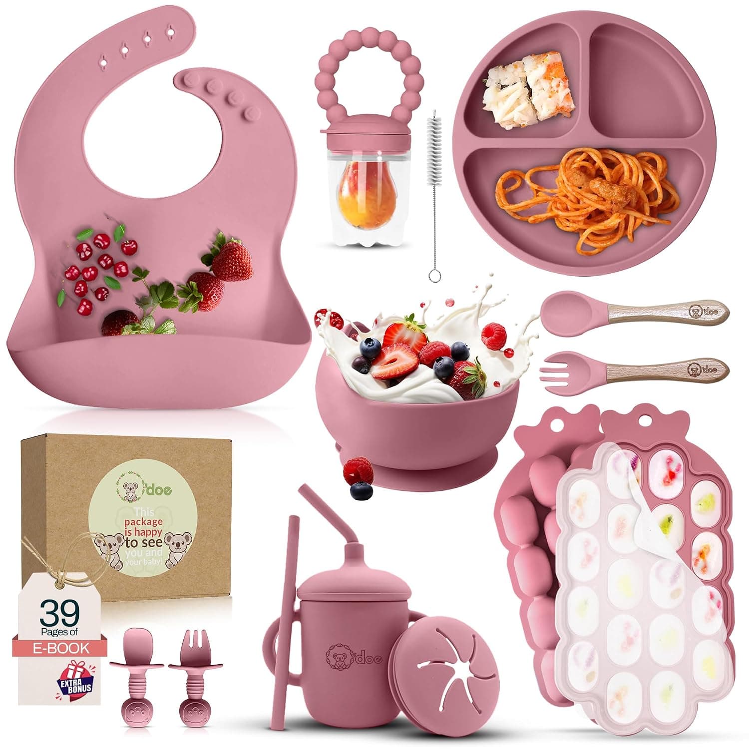 O'doe 15 Pcs LED Baby Weaning Set Baby Feeding Set Baby Feeding Bowl Silicone Suction Feeding Utensils Alone with Spoons, Cup, Bibs