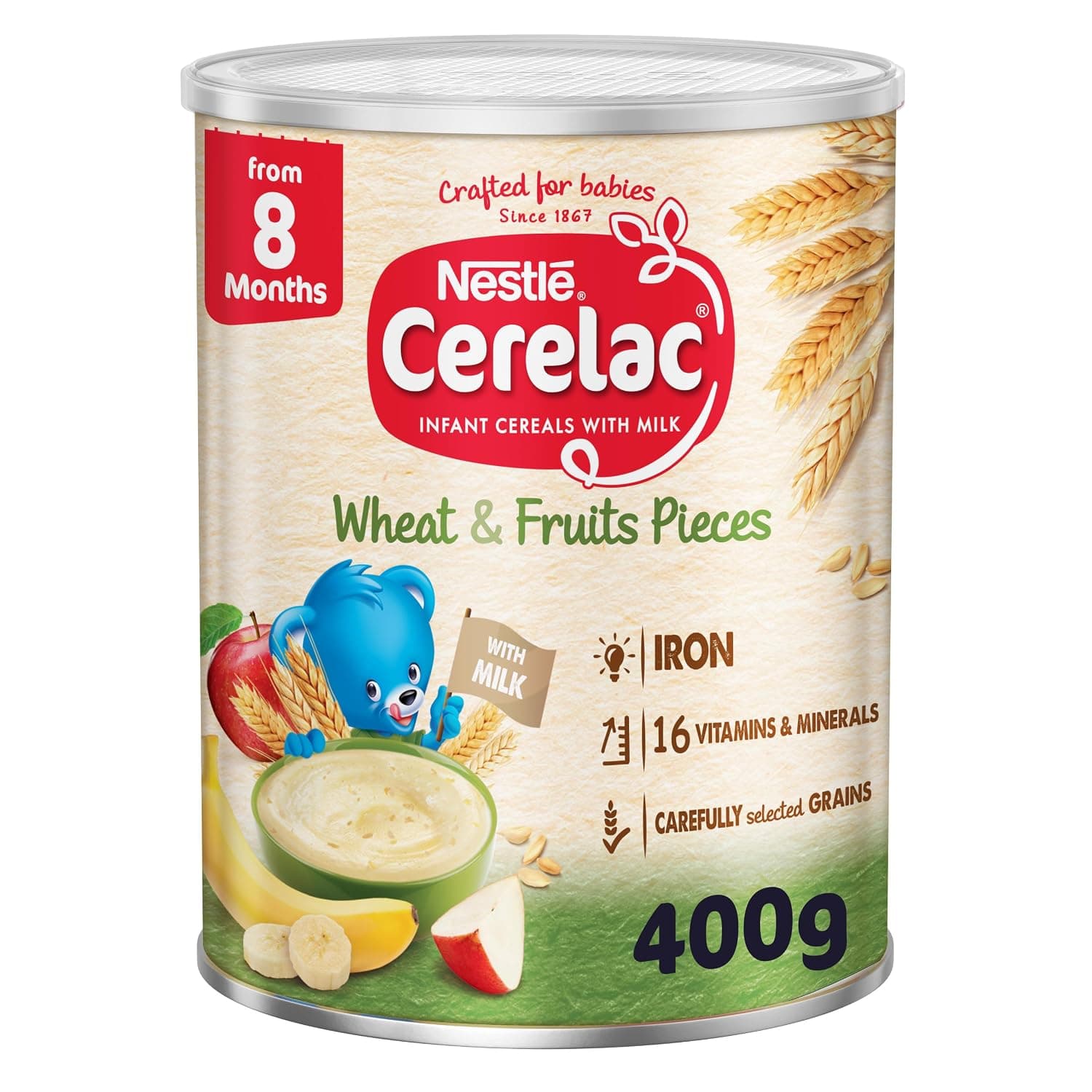Nestle Cerelac Wheat and Fruit Pieces Baby Cereal Food, from 8 months, Tin 400g