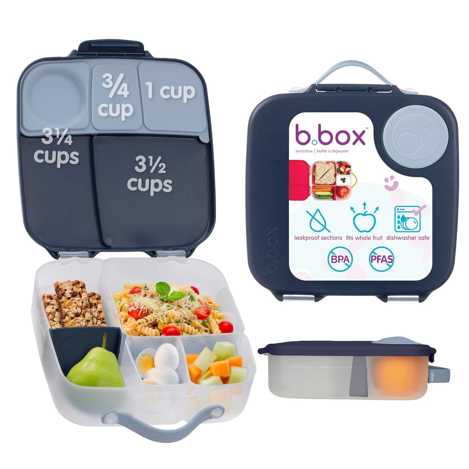 b.box Oversized Lunch Box for Kids- Midnight: Bento Box with 4 Compartments (2 Leak Proof), Removable Divider, Gel Cold Pack. For Older Kids and Big Eaters Ages 3+. School Supplies. 8½ Cup Capacity.