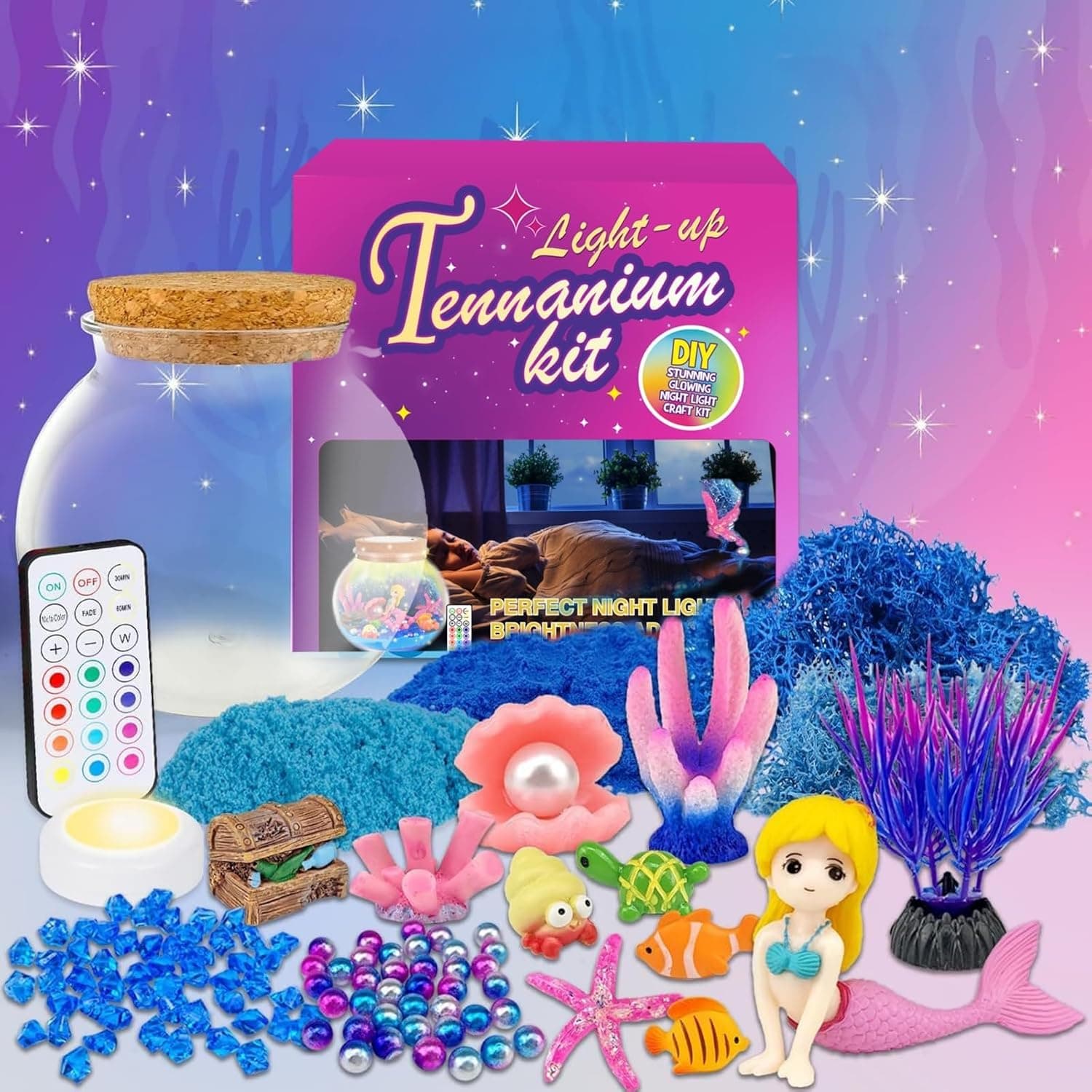 Kids Sand Art Kits,Terrarium Kit for Kids,Light-up Glass Container Kit,DIY Craft,Arts and Crafts Supplies Set (Mermaid)