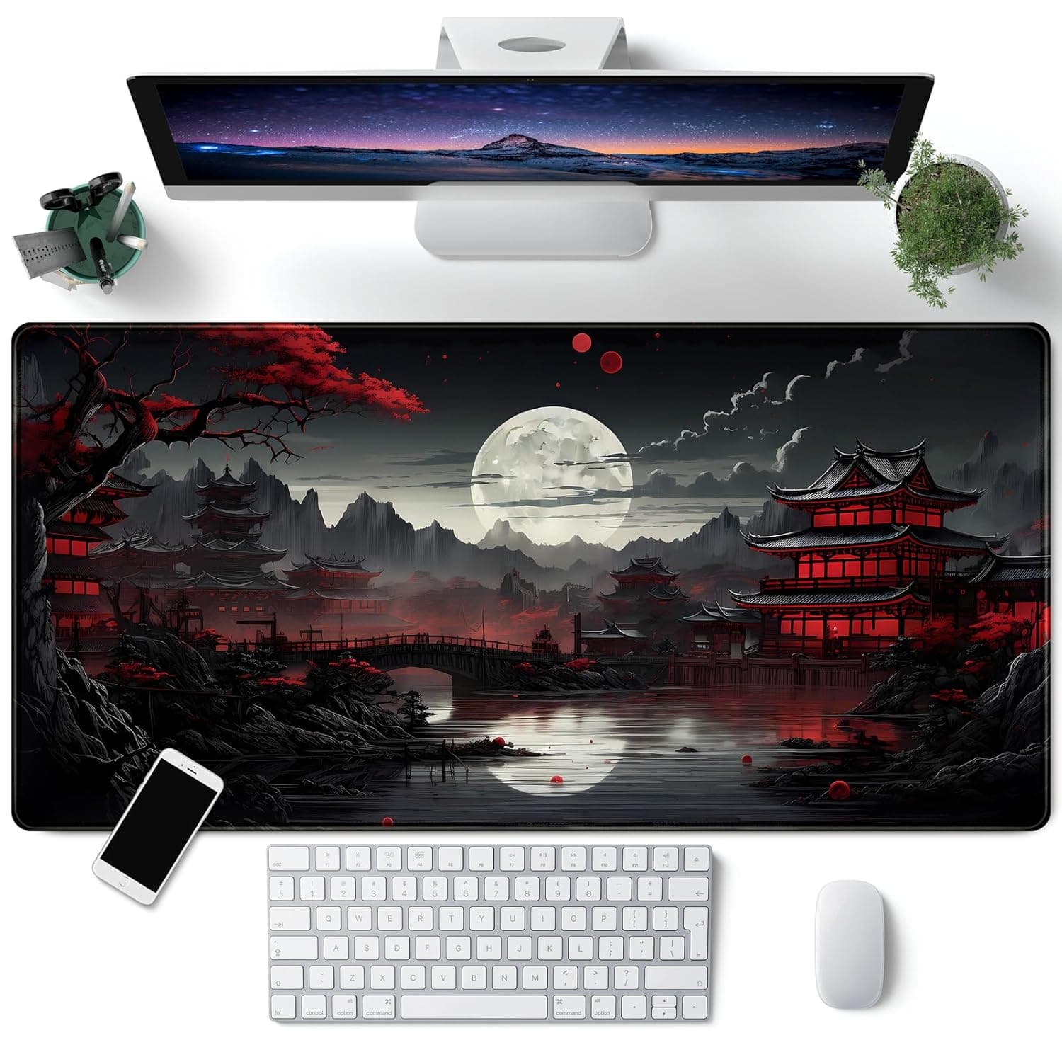 Japanese Desk Mat Riverside Full Moon Desk Pad Black Red Large Mouse Pad Gaming Mousepad Extended XXL Keyboard Pad 31.5 x 15.7 in Laptop Computer Mouse Keyboard Mat for Office Desk Decor