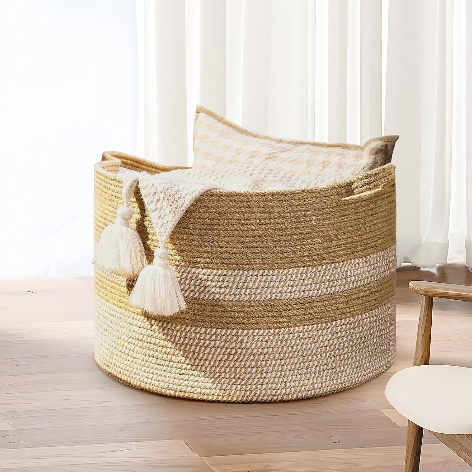 Blanket Basket, Decorative Woven Storage Basket for Pillows, Clothes in Shelves, Bedroom, and Living Room (Brown-Width 50cm/1.64ft)