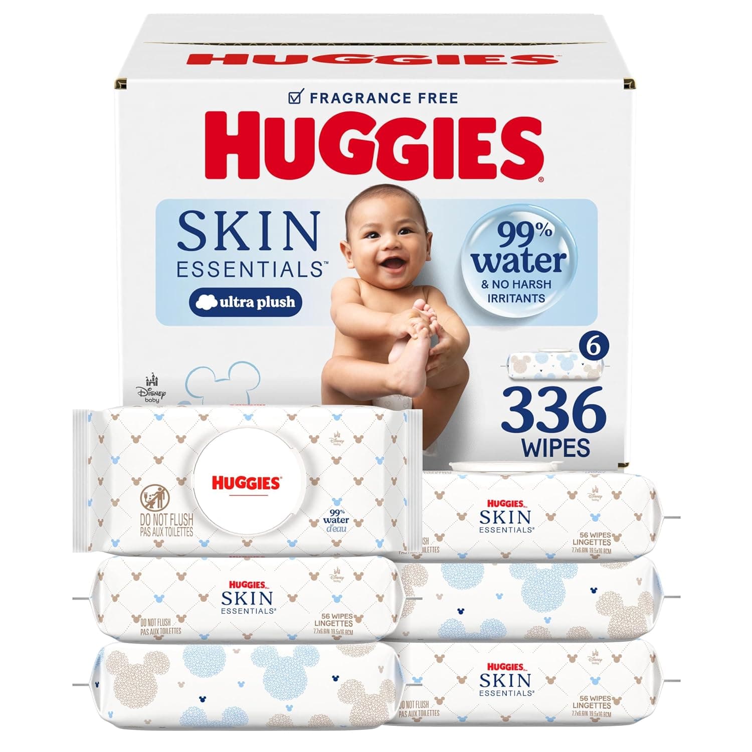 Huggies Skin Essentials Baby Wipes, Hypoallergenic, 99% Water, 6 Flip Top Packs (336 Wipes Total)