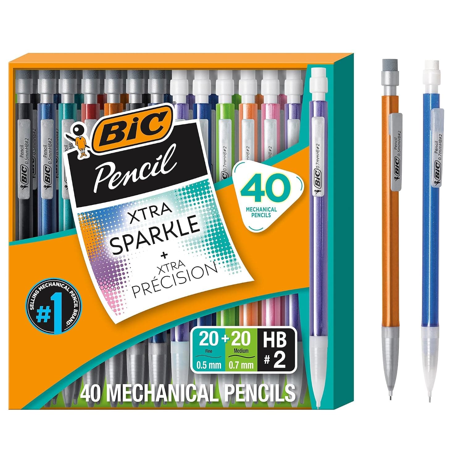Bic Mechanical Pencil #2 EXTRA SMOOTH, Variety Bulk Pack Of 40, 20 0.5mm With 20 0.7mm Led Pencils, Assorted Colored Barrels, for professional Office & School Use.