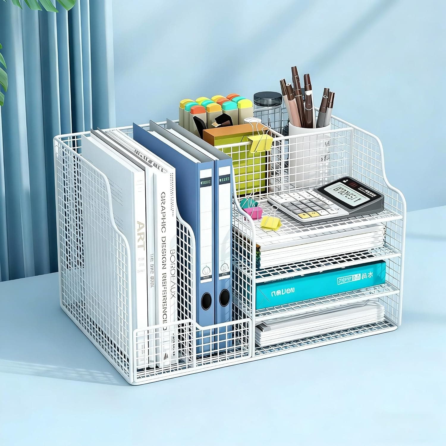 4 - Tier Grid Desk Organizer - Save Time & Space with a Desk Organizer System to Improve Work Efficiency, Office File Rack Storage Rack with Top Divider, White