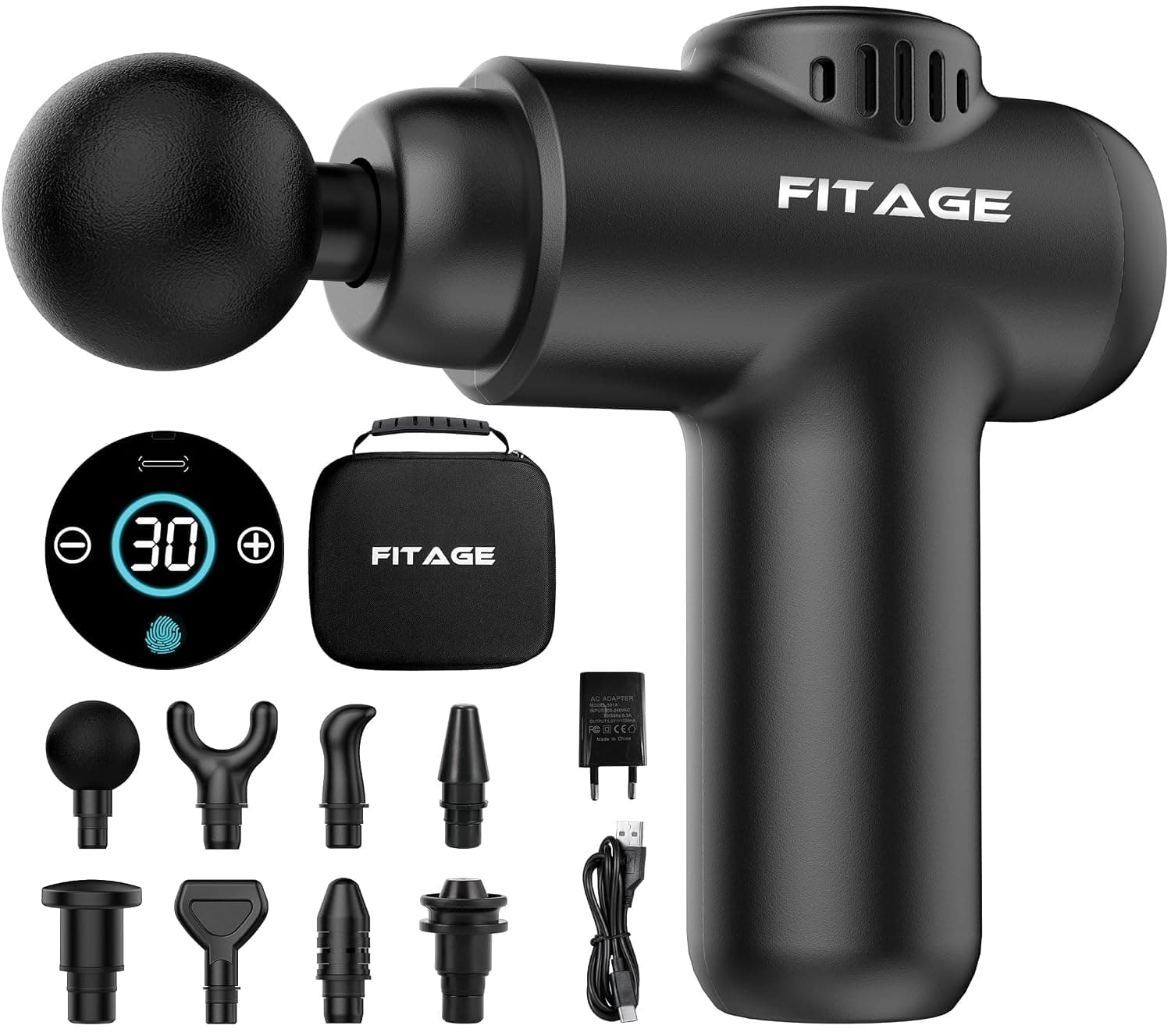 FITAGE Massage Gun, Quiet Massager with 30 Adjustable Speed Levels, Massage Gun, 8 Attachments for Deep Tissue, Shoulder, Back and Full Body Relaxation, Massage Gun - Mini