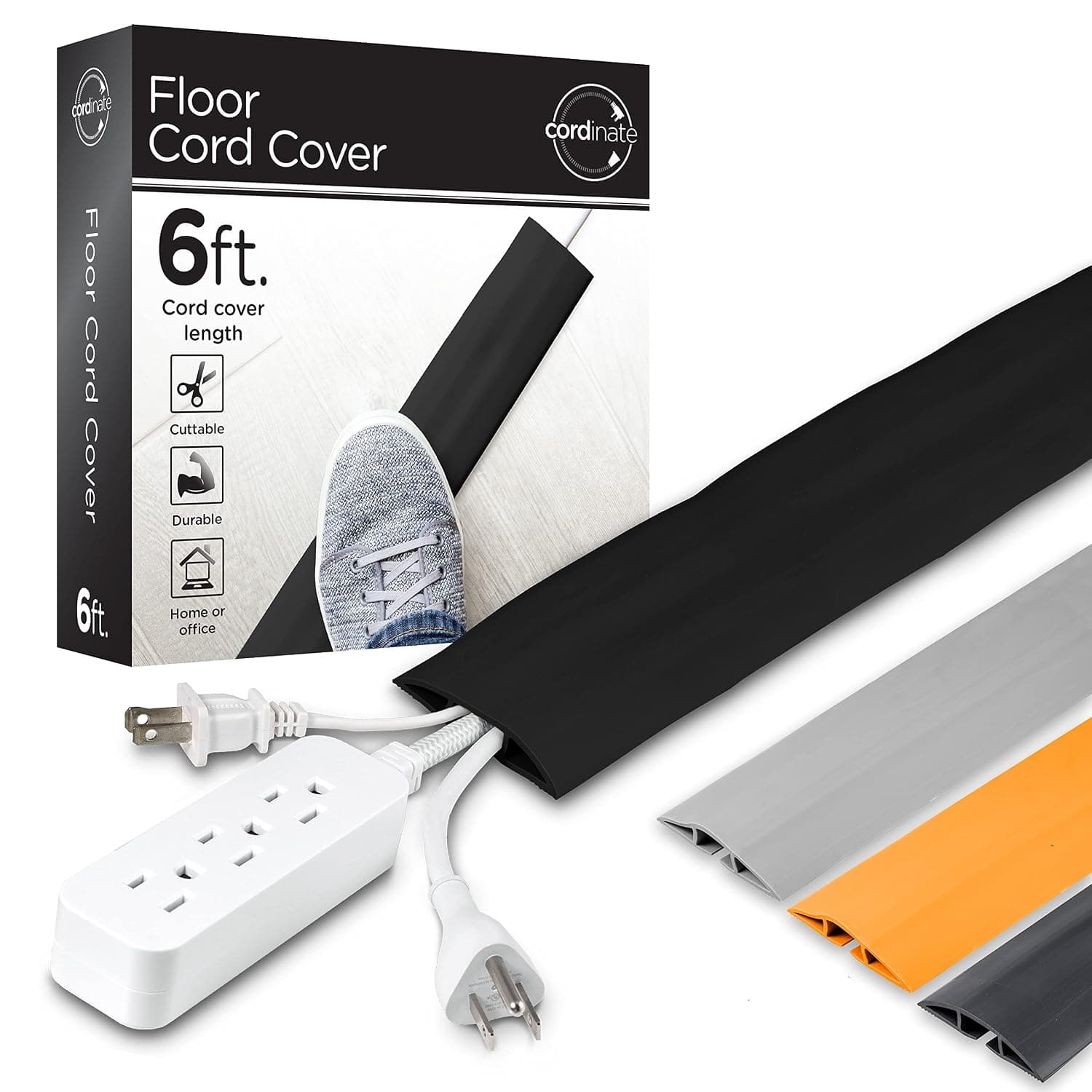 Cordinate 6 ft Cord Cover Floor, Cord Protector, Cord Management, Cord Concealer, Cable Hider and Cable Raceway, Extension Cord Cover, Black, 43003