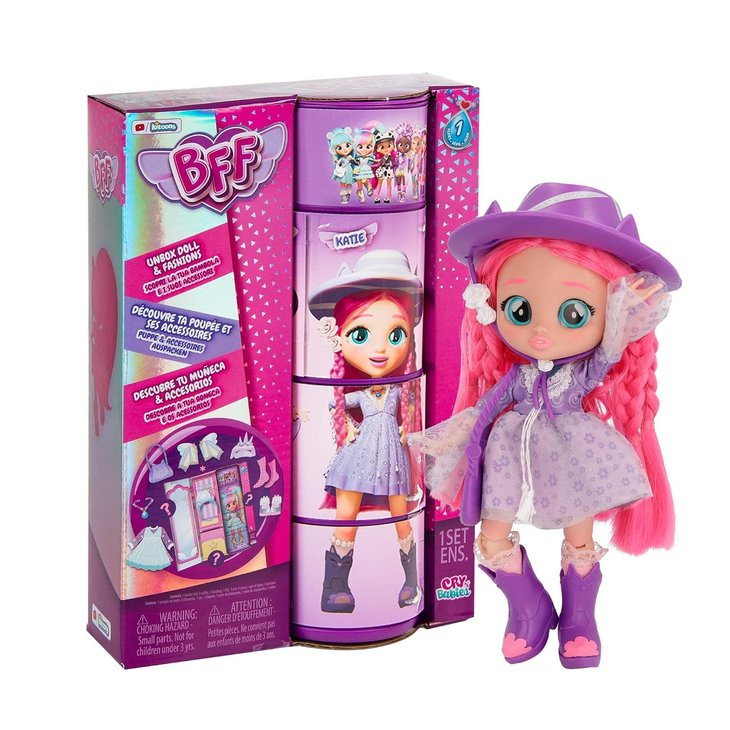 BFF By Cry Babies Katie | Collectible Fashion Doll with Long Hair, fabric Clothes and 9 Accessories - Gift Toy for Girls and Boys +5 Years
