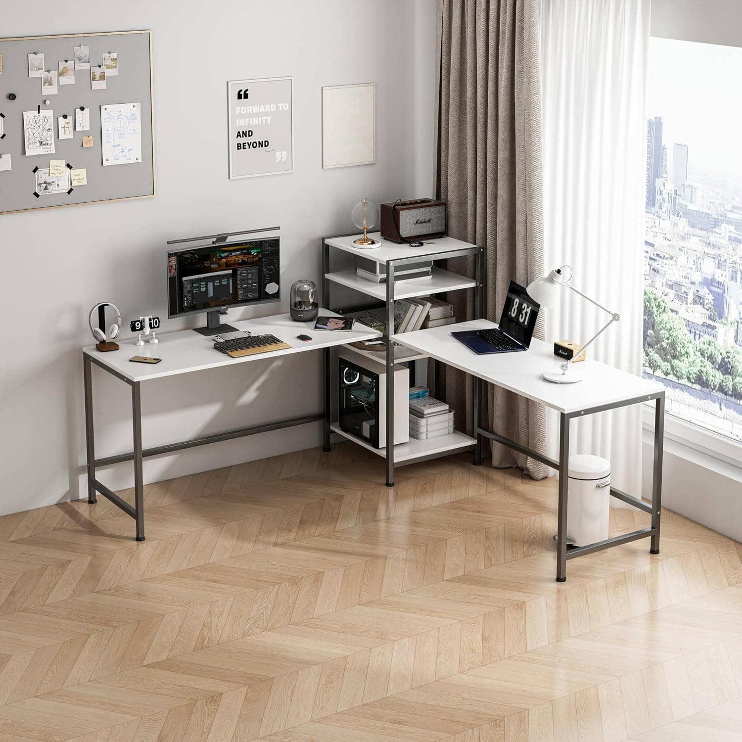 JOYSEUS Extra Long Computer Desk for Two People, with Bookshelf, L-Shape Design, Large Office Desk Study Table with CPU Stand and Storage Shelves, Adjustable Feet (white)
