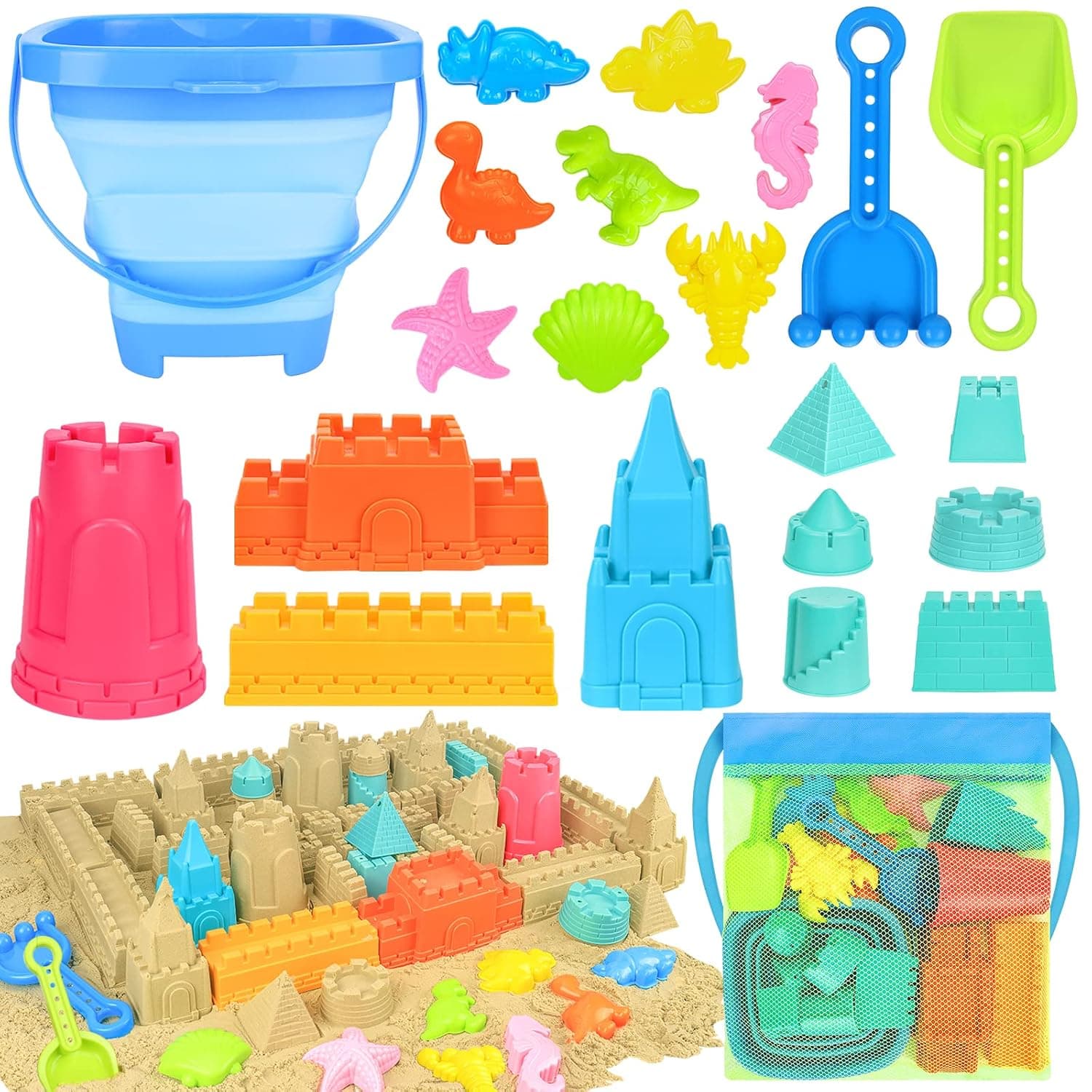 Beach Toys for Kids Toddlers, Sand Bucket and Shovels Set with Mesh Bag, Sand Castle Toys for Beach, Travel Sand Toys, Sandbox Toys for Toddlers Kids Age 3-10