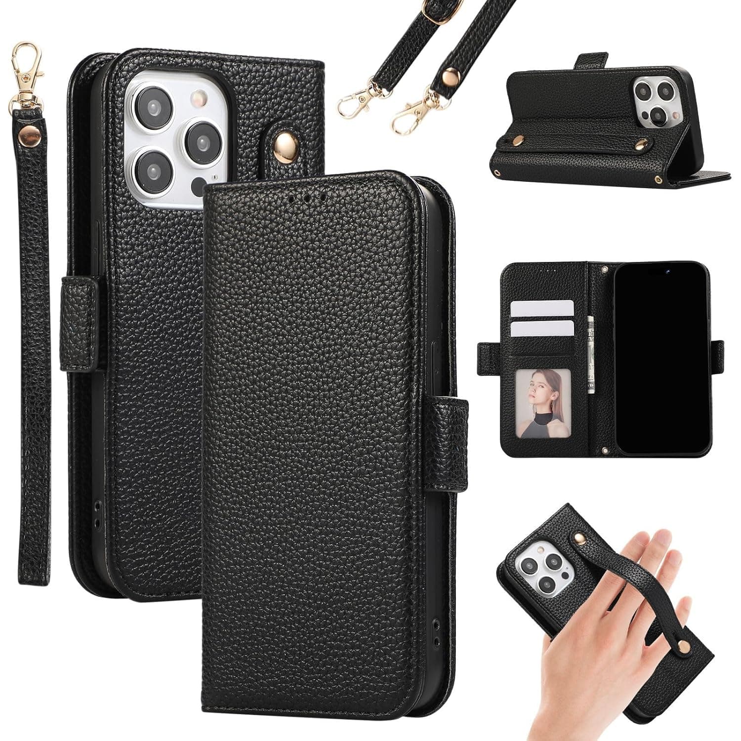 حافظة حماية متوافقة مع موبايل ايفون 16 برو ماكس حزام معصم وحزام وحامل بطاقات ائتمان قلاب من الجلد اكسسوارات الموبايل اسود جلد صناعي