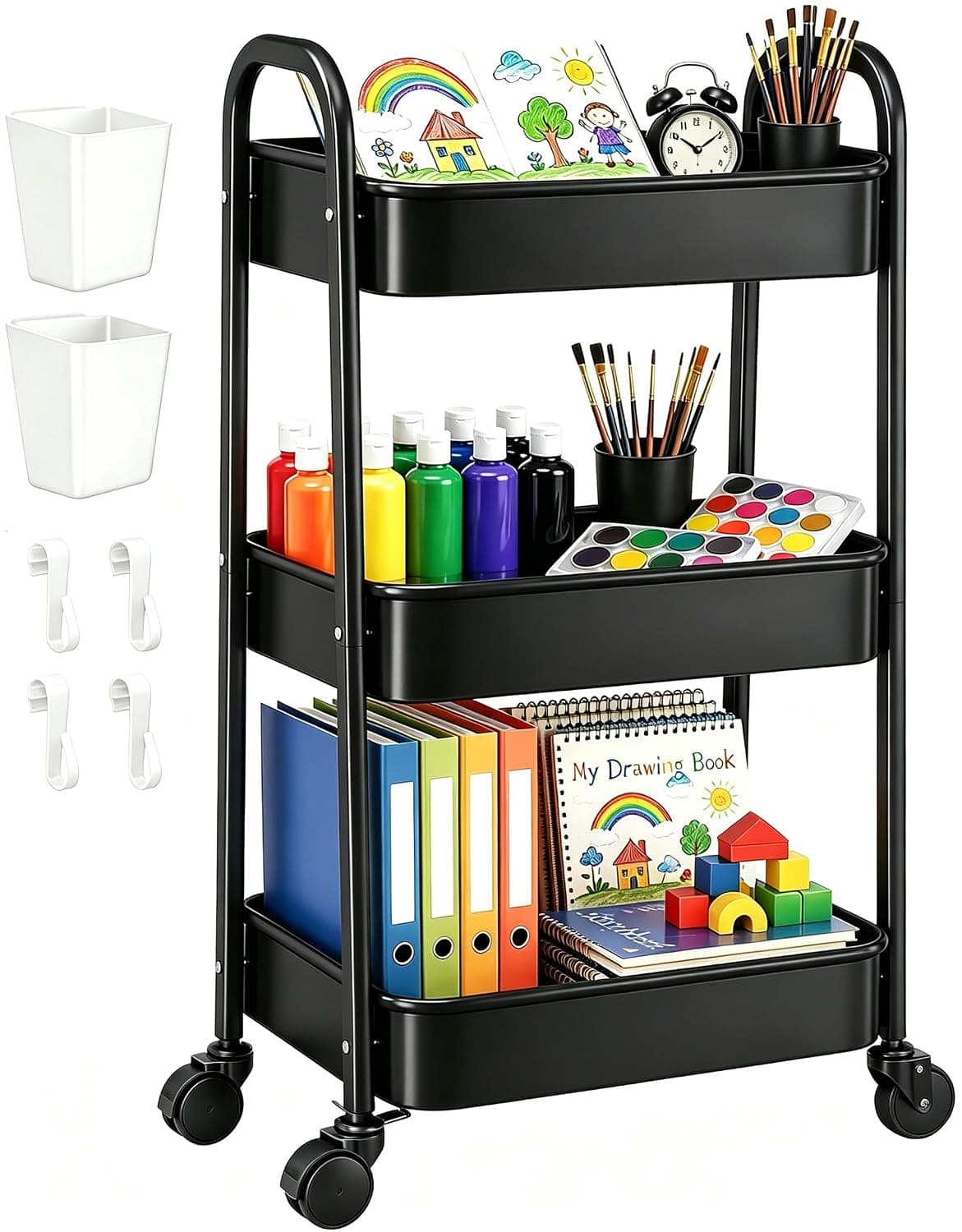 3-Tier Plastic Rolling Utility Cart with Wheels, Movable Storage Organizer Shelves with Handle & Hanging Cups, Multi-Functional Storage Trolley for Office, Living Room, Kitchen