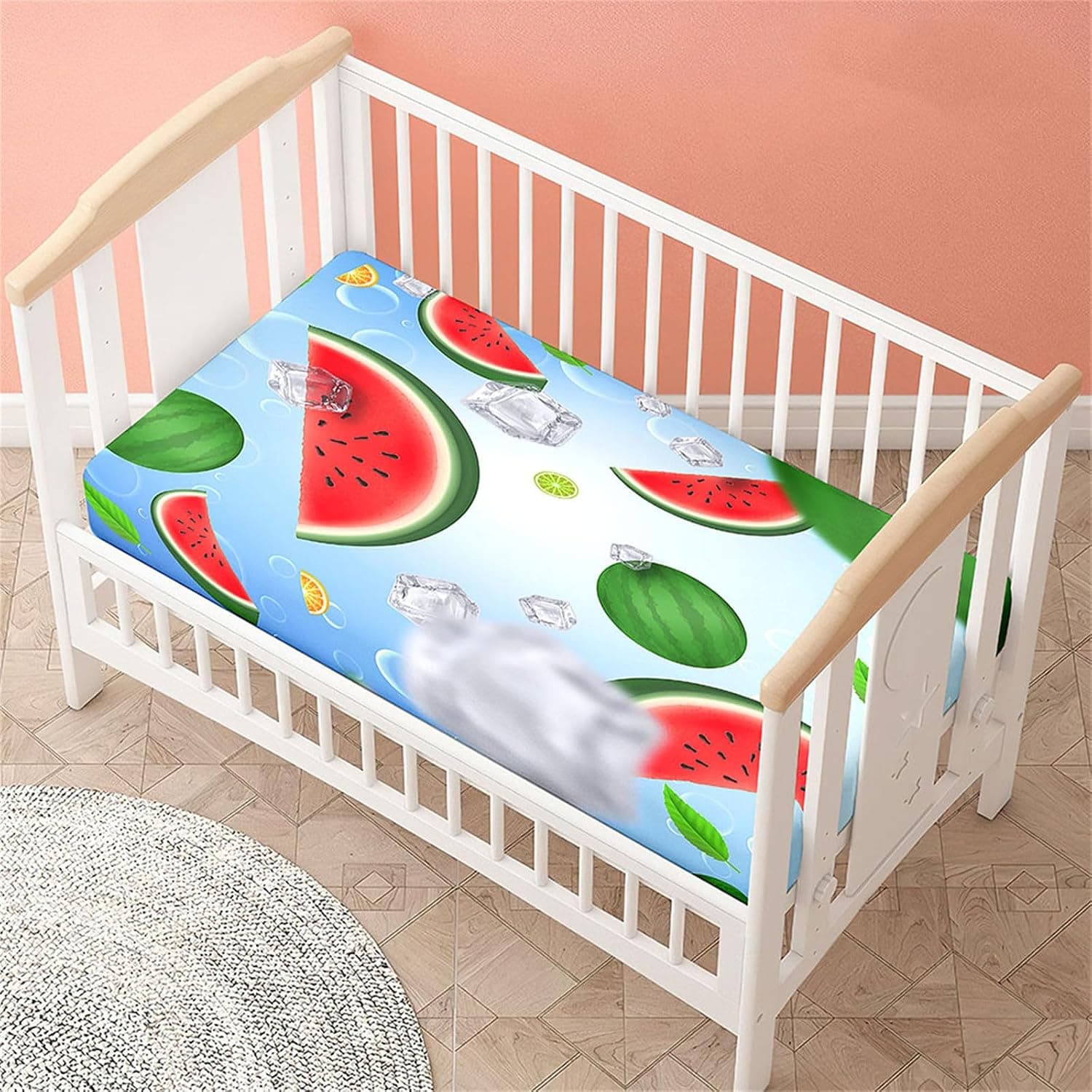 Odot Fitted Sheet for Baby Crib, Watermelon Design, Children's Fitted Sheets, Stretchy Mattress Protector for Girls and Boys, Baby Cot, Crib, Umbrella Bed (Pasteque Green, 75 x 30 cm)