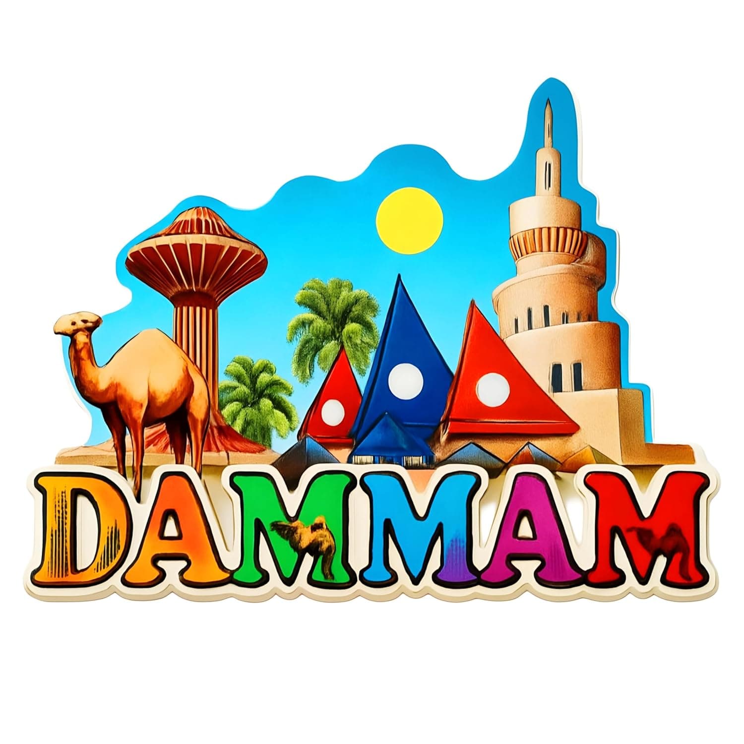 مغناطيس ثلاجة من السيراميك من الدمام - تذكار المملكة العربية السعودية يضم برج مياه وجمل واشجار نخيل وخيمة صحراوية - هدية سفر مصنوعة يدويا للسياح وهواة الجمع والمغتربين - ديكور للثلاجة،