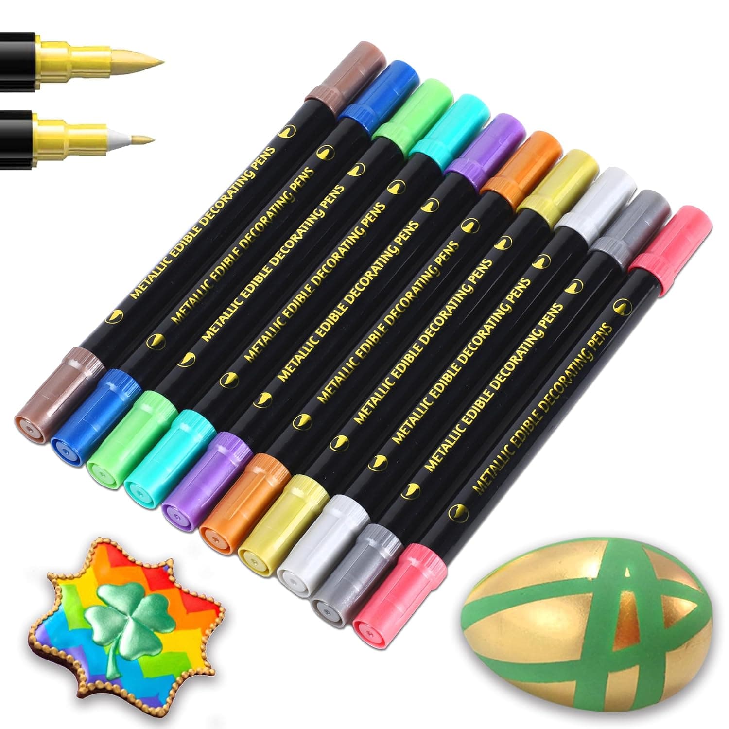 Edible Metallic Markers - Gold Shimmer Pens, Food Grade Coloring | 10pcs, Gold & Silver Shimmer, Dual Tip, Edible Gold Marker, for Cookies, Cake, Cupcake, Fondant, Cookie and Baking Decorating