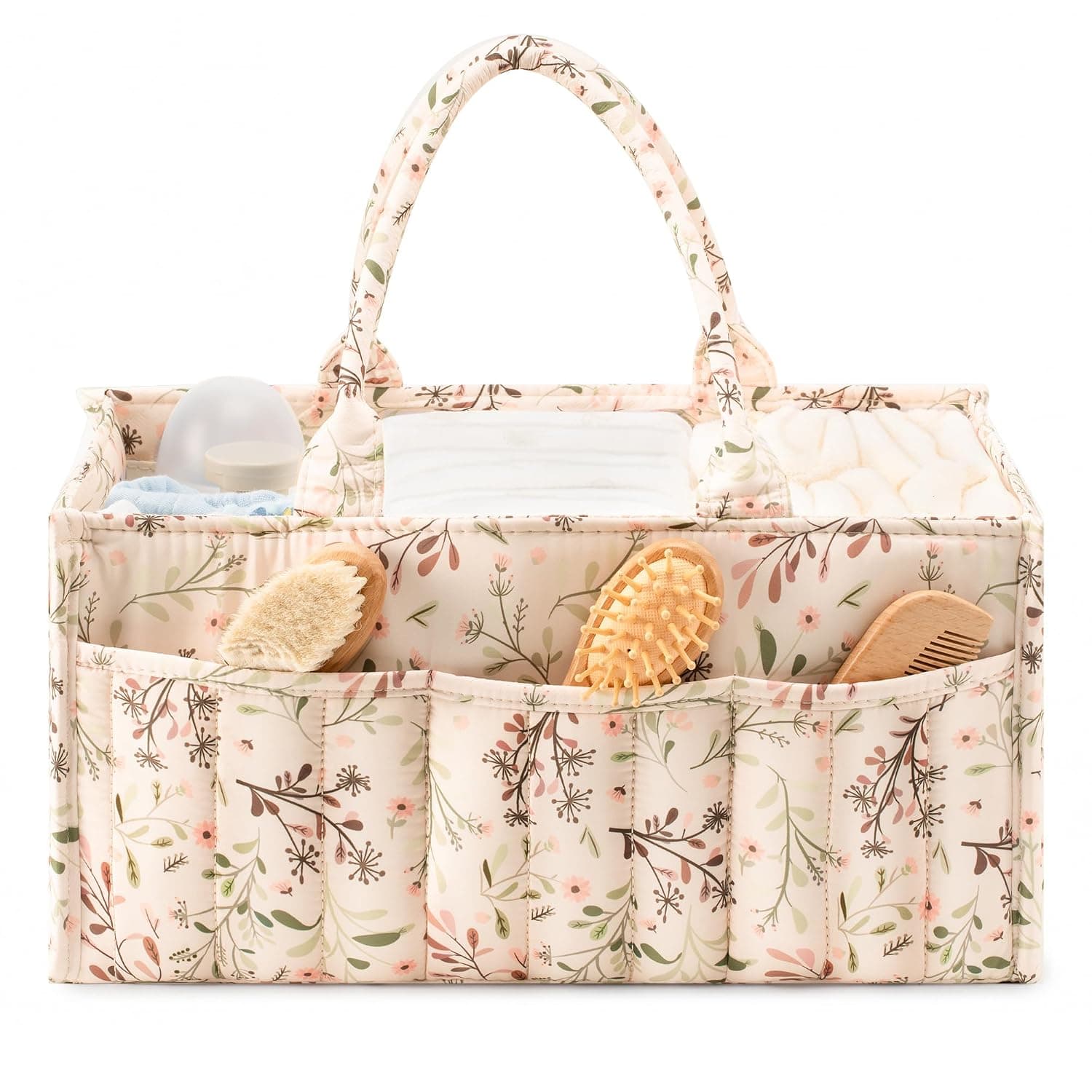 Quilted Diaper Caddy Organizer with Handle, Floral Leaf Nursery Basket | Nursery Storage Basket,Baby Diaper Basket,Gifts for New Parents,Baby Shower,Newborn Essentials