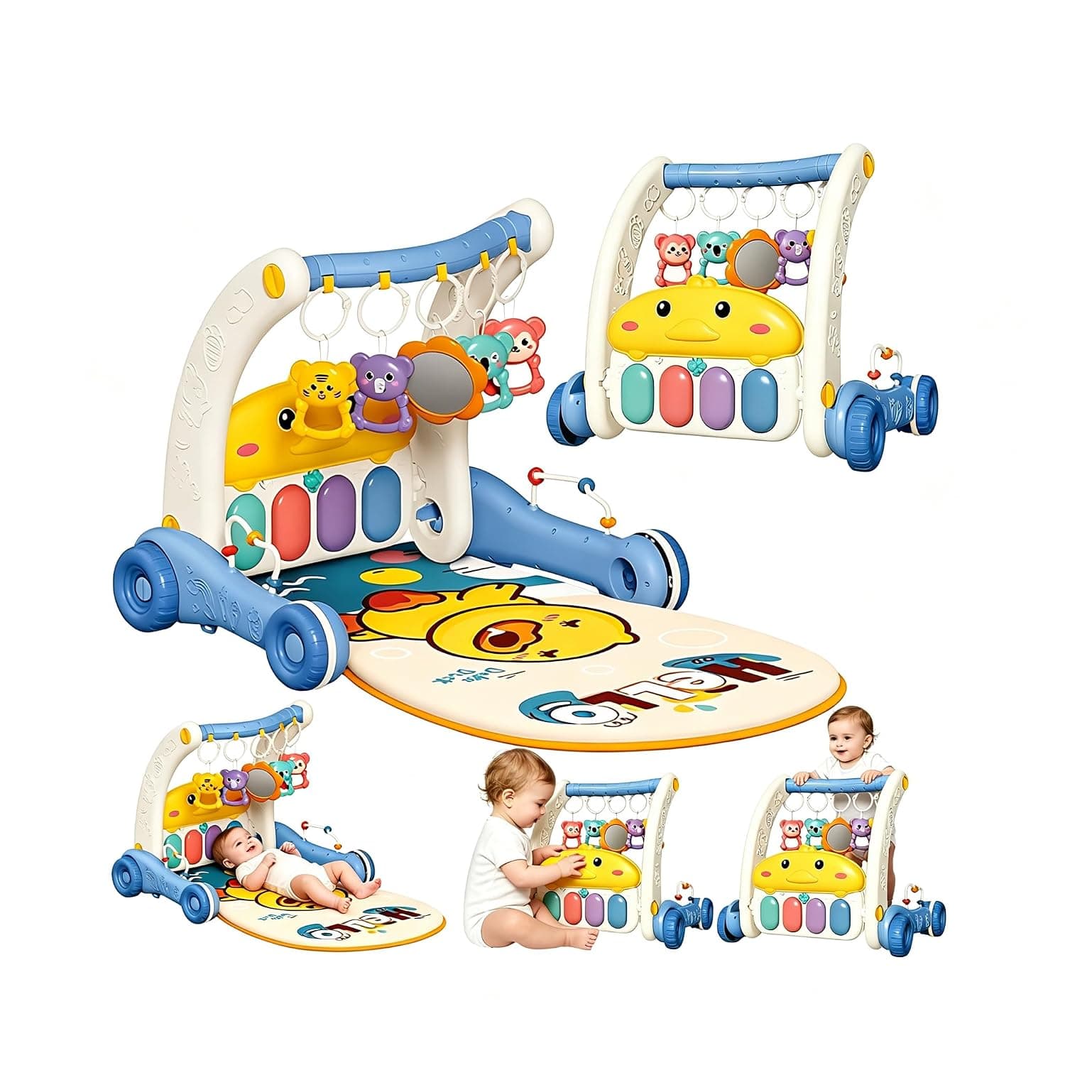 Andanna 3-in-1 Baby Gym Play Mat with Piano Kick Play, Detachable Hanging Rattles, Soft Breathable Mat, Light Up Musical Toys, Toddler Standing Support, Newborn Infant Gift (Yellow Duck)