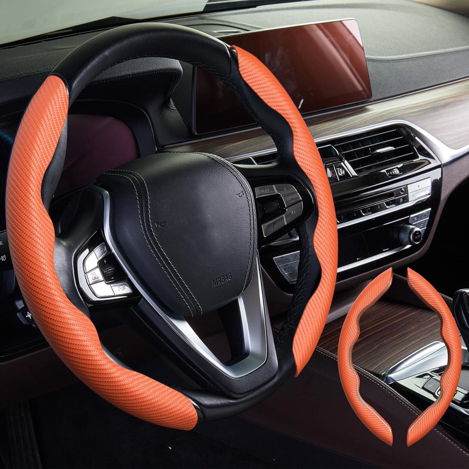 WOCOCN Carbon Fiber Car,Steering Wheel Cover with Non-Slip Lining, Multiple Color Options,Universal for Most Car Interiors Accessories (Orange)