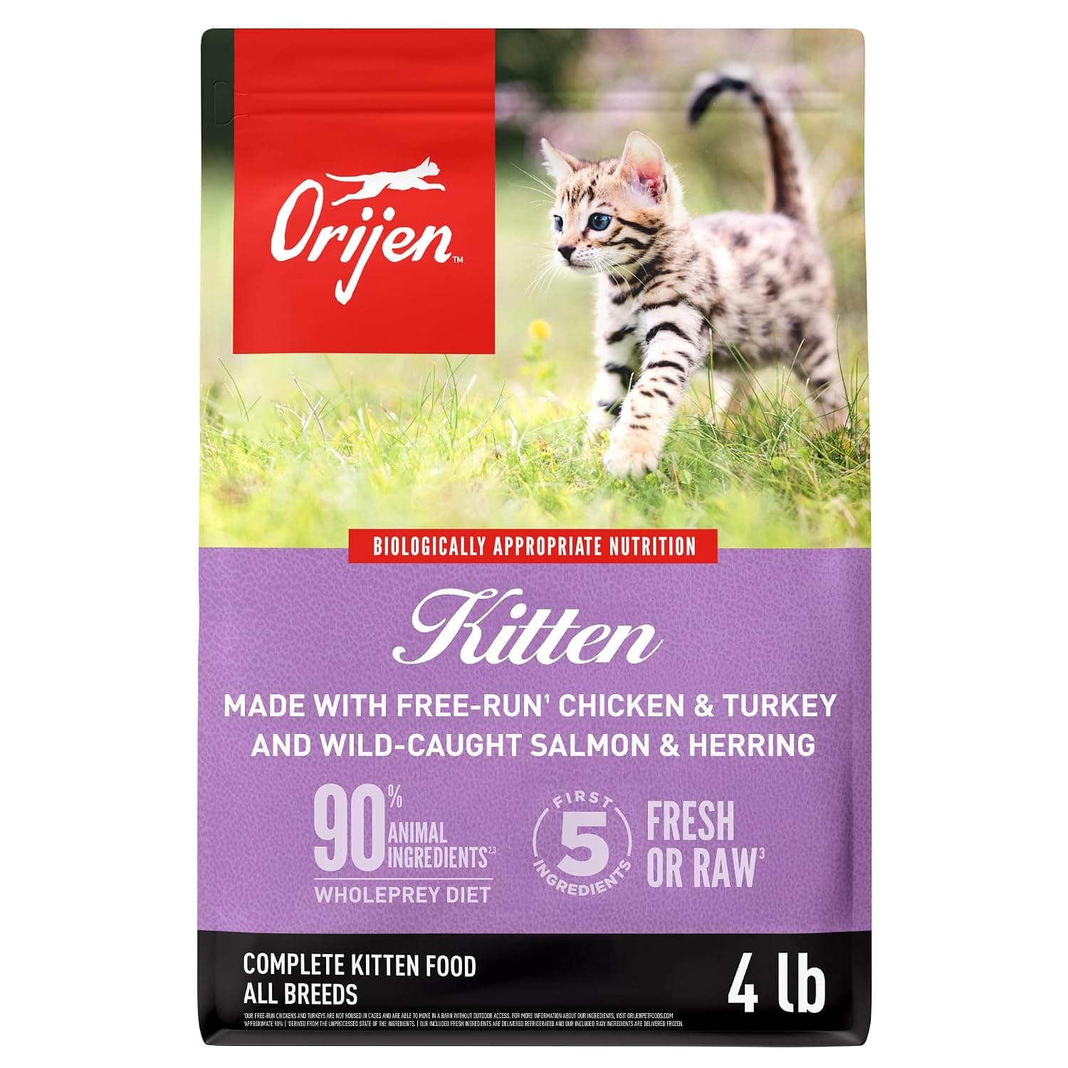 ORIJEN® Dry Kitten Food, Grain Free, Premium, High Protein, Fresh & Raw Animal Ingredients, Kitten, 4lb | 90% Animal Ingredients, Freeze Dried, Fresh or Raw Ingredients, High Protein, Brain & Cognitive Function, Wild-Caught Fish