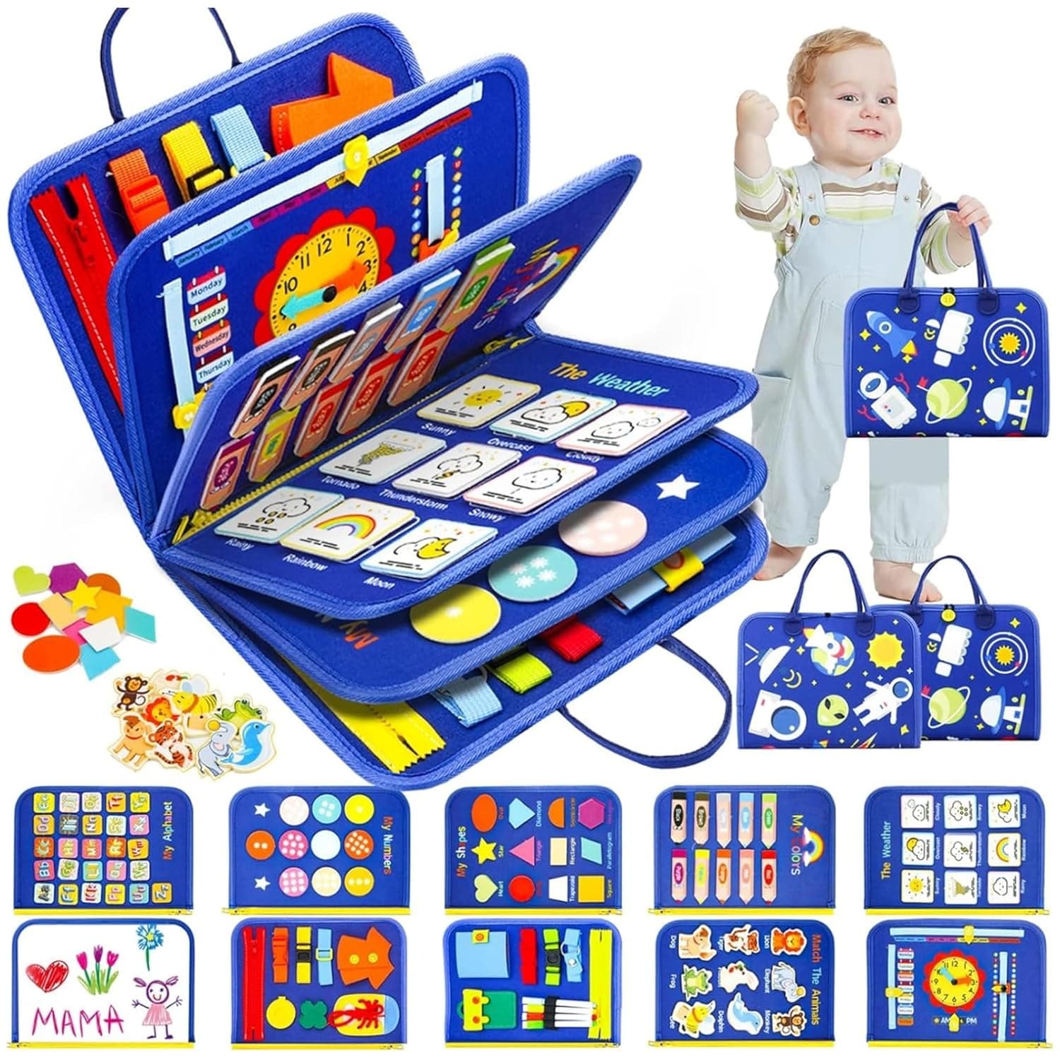 Andanna Busy Board Montessori Sensory Toys for Toddlers, Boys Girls Birthday Gifts, Travel Busy Book for Airplane Car, Educational Learning Activities (Blue P10)