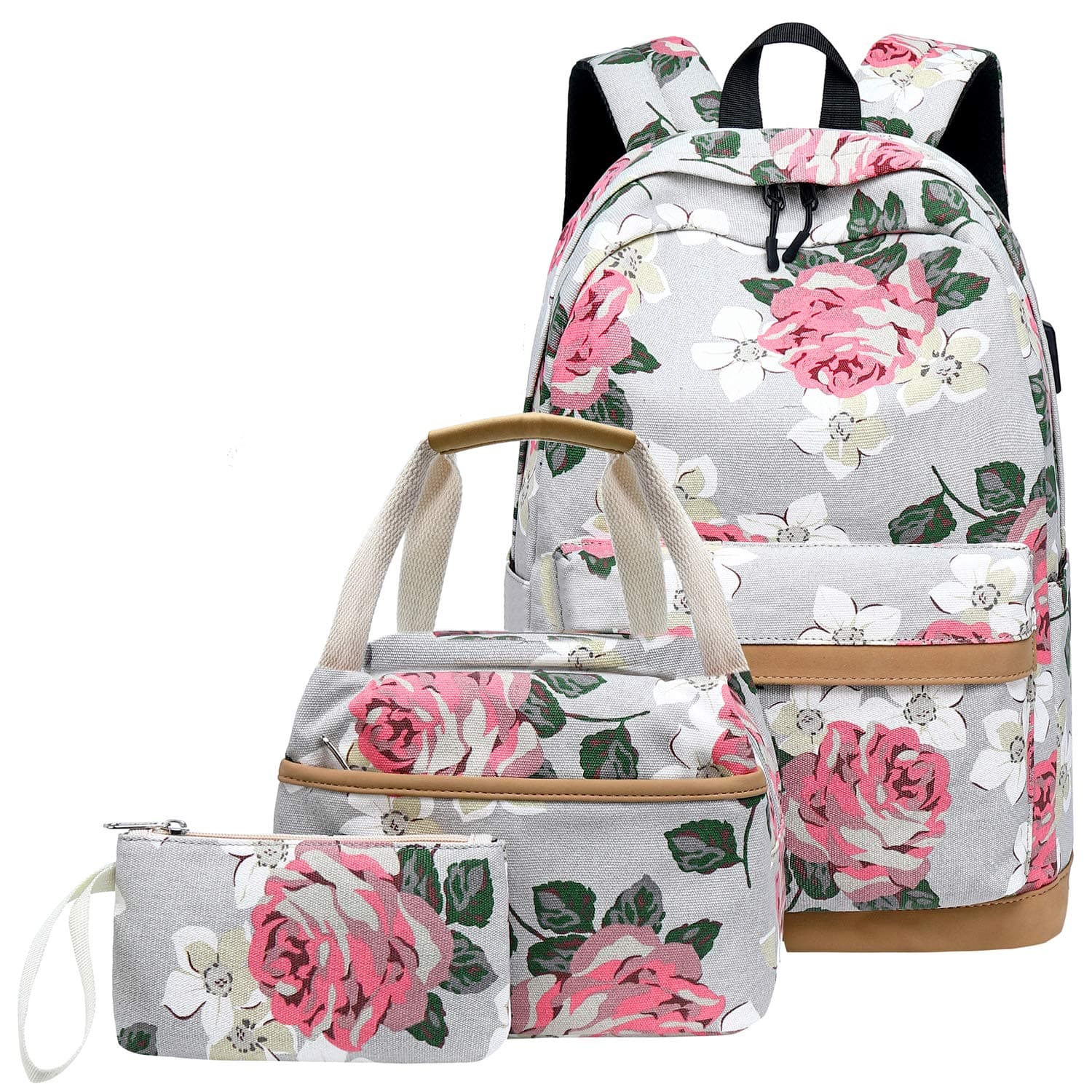 Canvas School Backpack Teens Backpack School Bag Backpack for School Book Bag set, Floral-grey, One_Size, Laptop