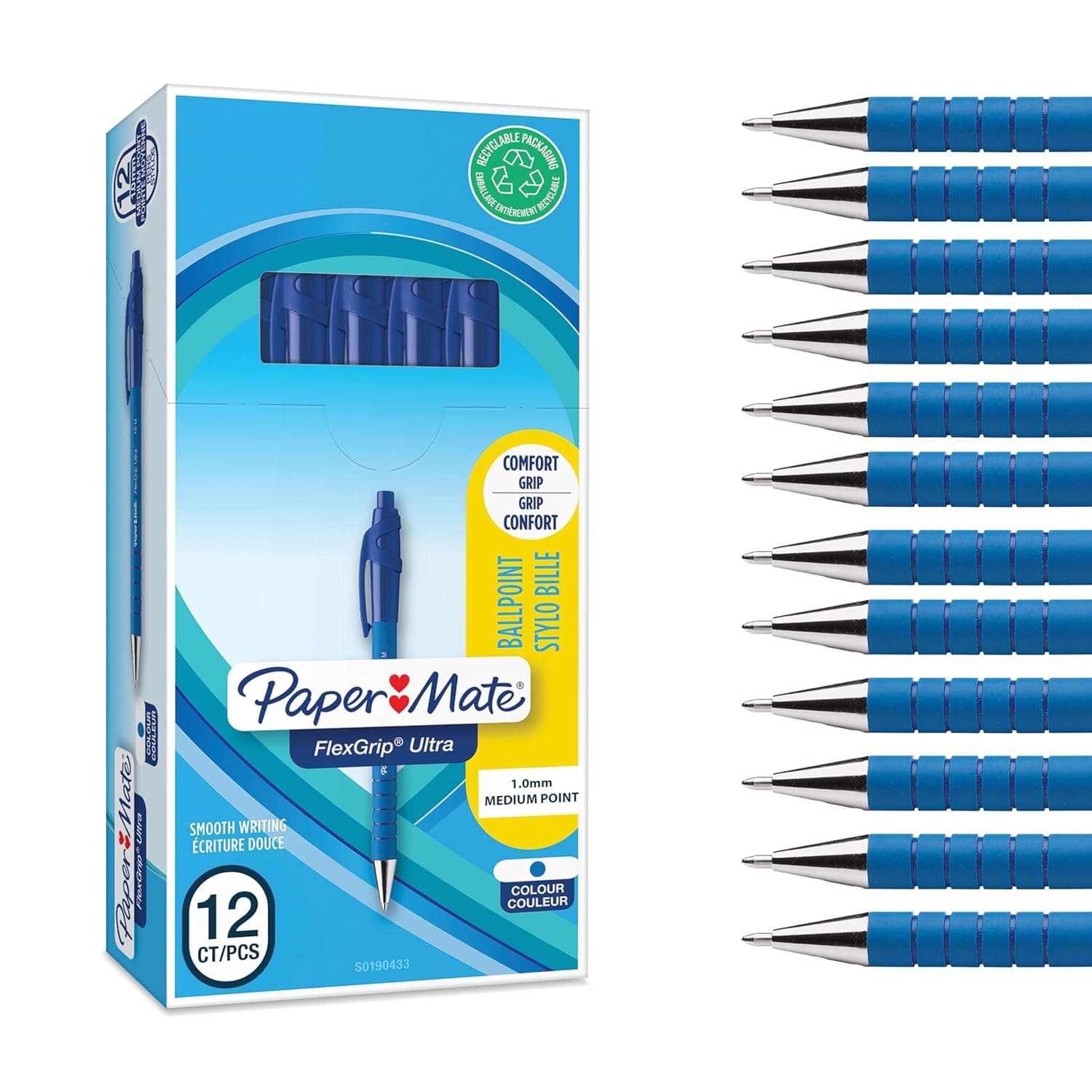 Paper Mate Flexgrip Ultra Retractable Ballpoint Pen, Medium Tip (1.0 mm), Blue Pen Set, School Supplies and Office Supplies, Box of 12