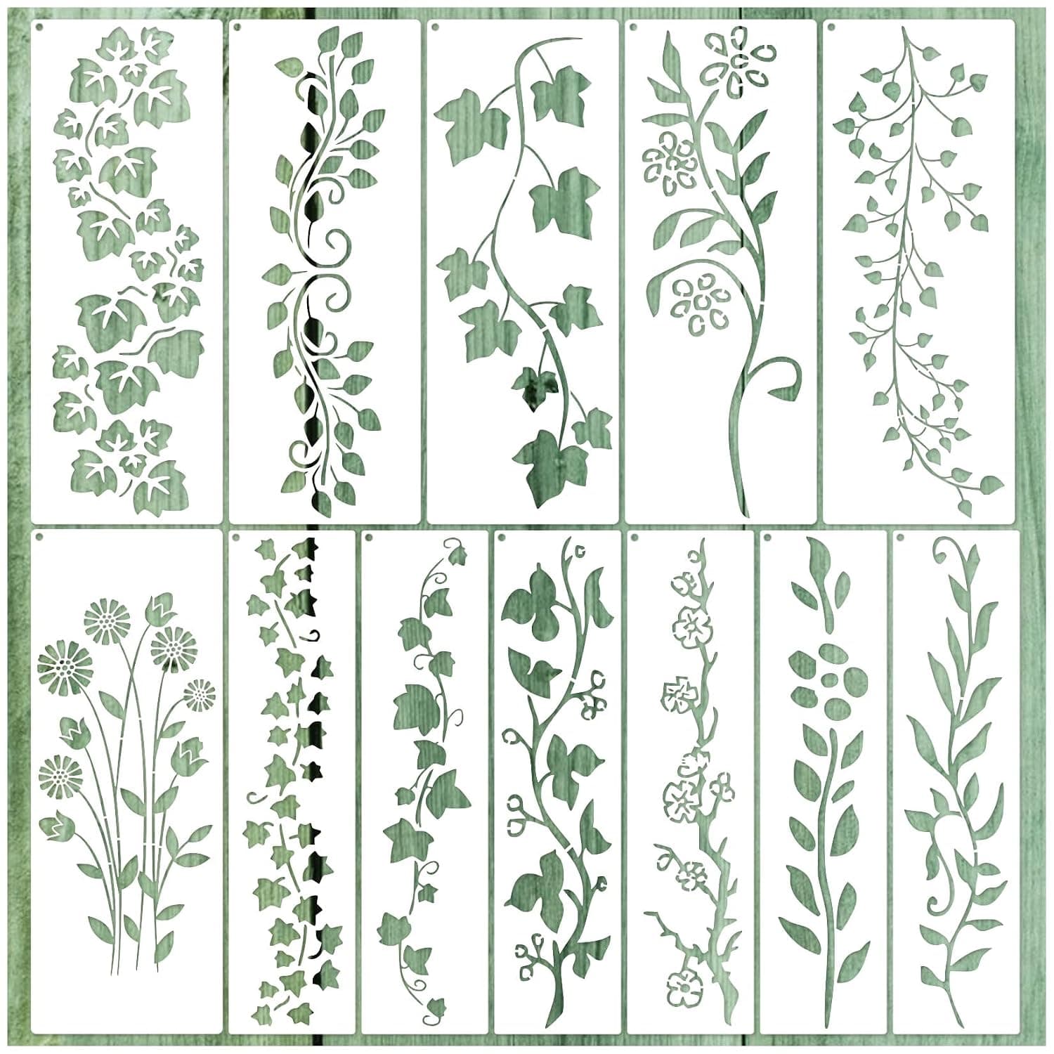 Tazweeq 12 Pieces Leaf Vine Stencils, Leaves Floral Spring Stencil, Reusable DIY Crafts Drawing Templates Stencils, for Painting on Wood Wall Canvas Furniture Home Décor, White