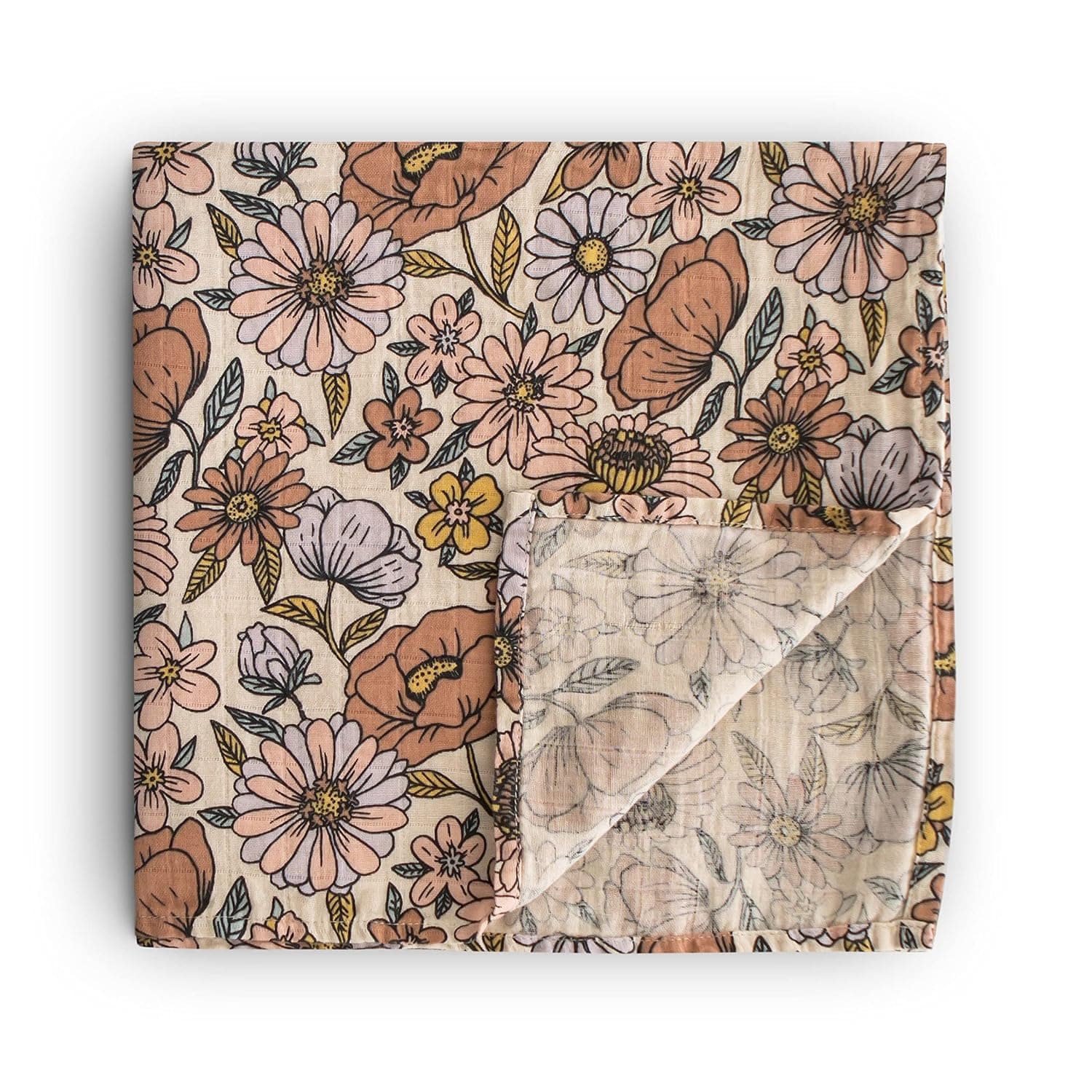 mushie Muslin Baby Swaddle Blanket | 100% Organic Cotton (Retro Flowers)