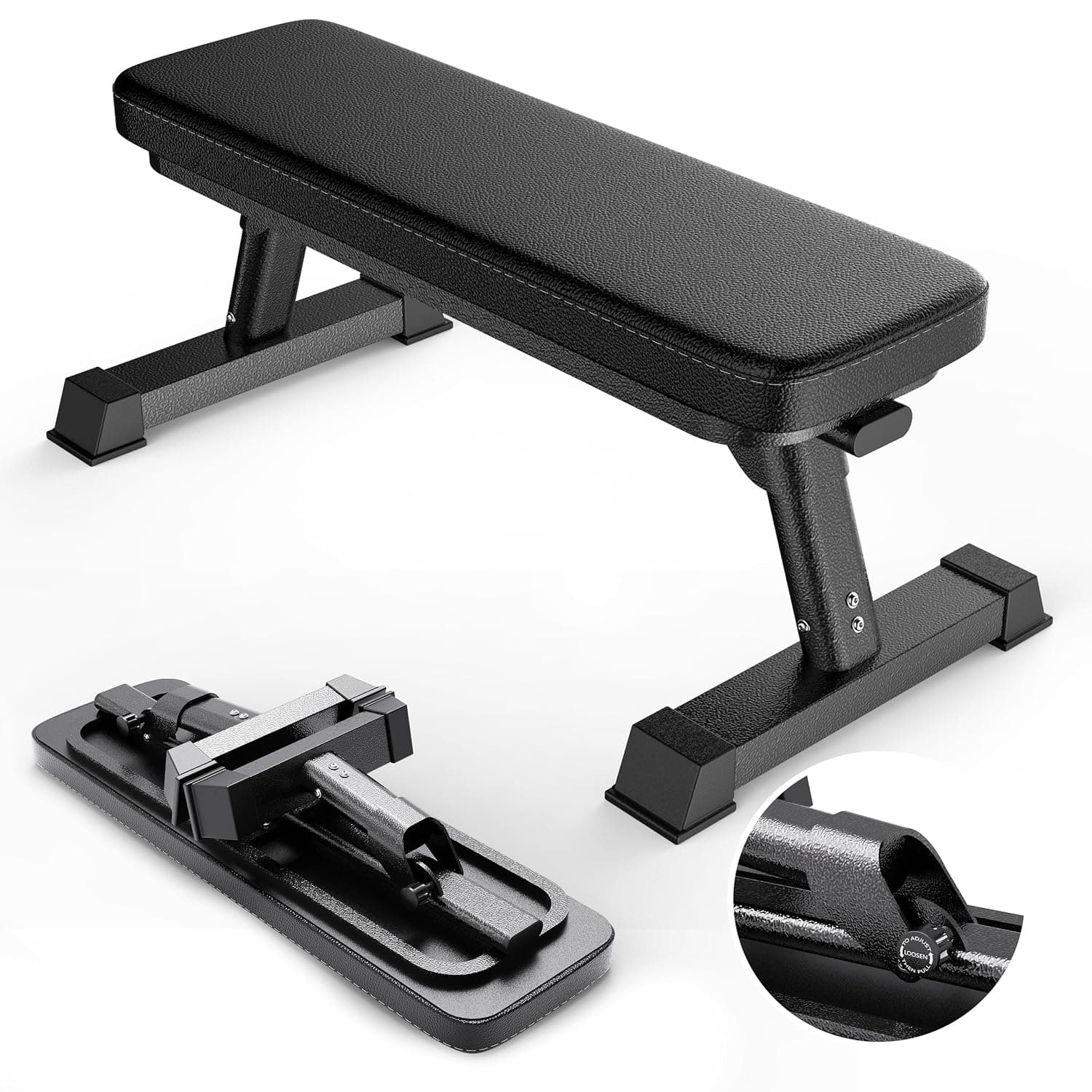 Finer Form Gym Quality Foldable Flat Bench for Multi-Purpose Weight Training and Ab Exercises (Black) | 4-Way Steel Frame for Extra Stability, Thick Pad, Easy Folding Storage, Minimal Assembly, Free Workout Chart Included