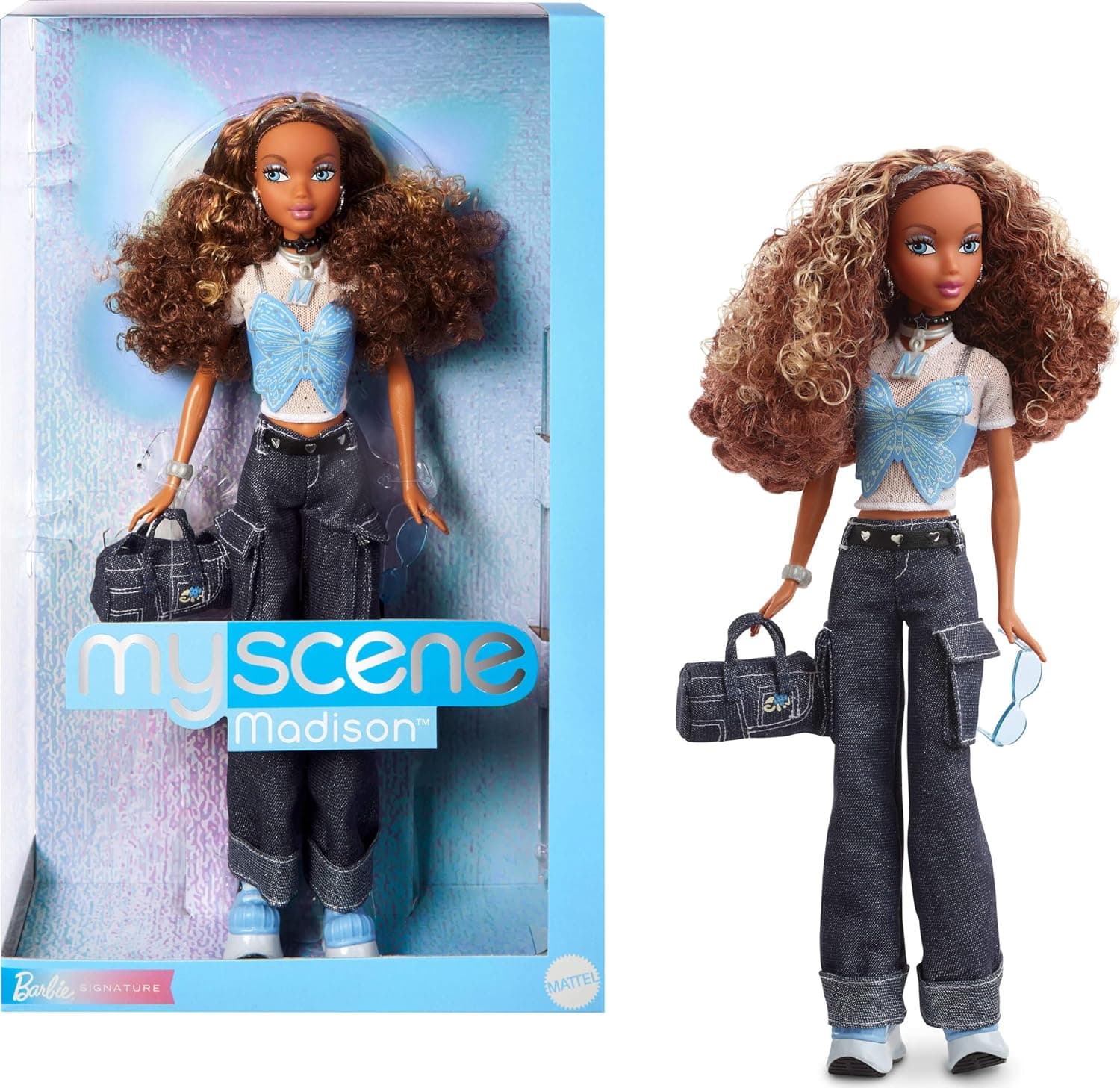 Barbie Signature My Scene Doll and Accessories, Madison in the Turn of the Millennium Inspired Outfit with Butterfly Top, Cargo Jeans, Jeans Bag and Doll Stand, HYC18